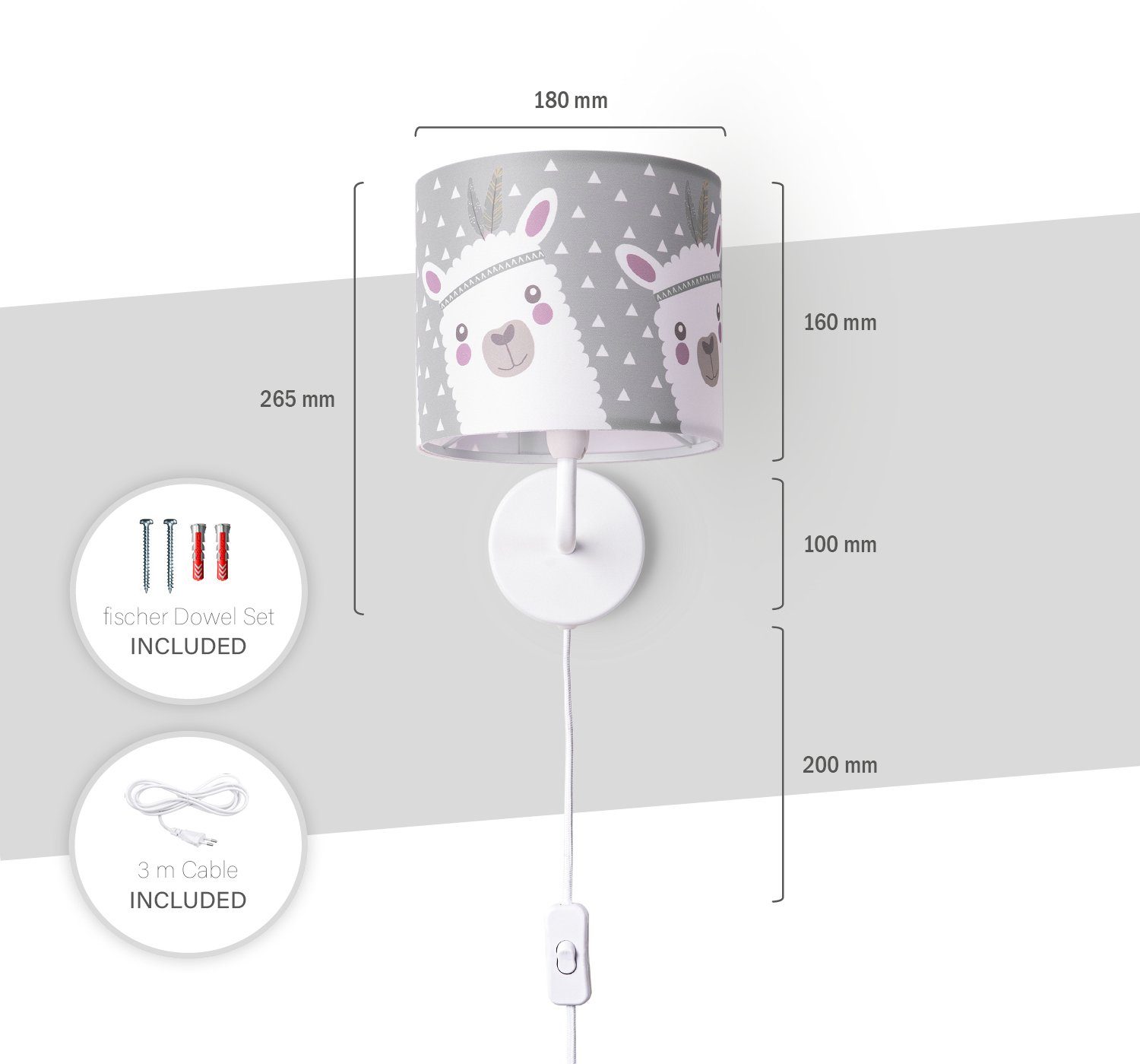 Paco Home Wandlamp Ela 214 Kinderlamp wandlamp met schakelaar Ø…18cm lama roze grijs kabel 3m E14