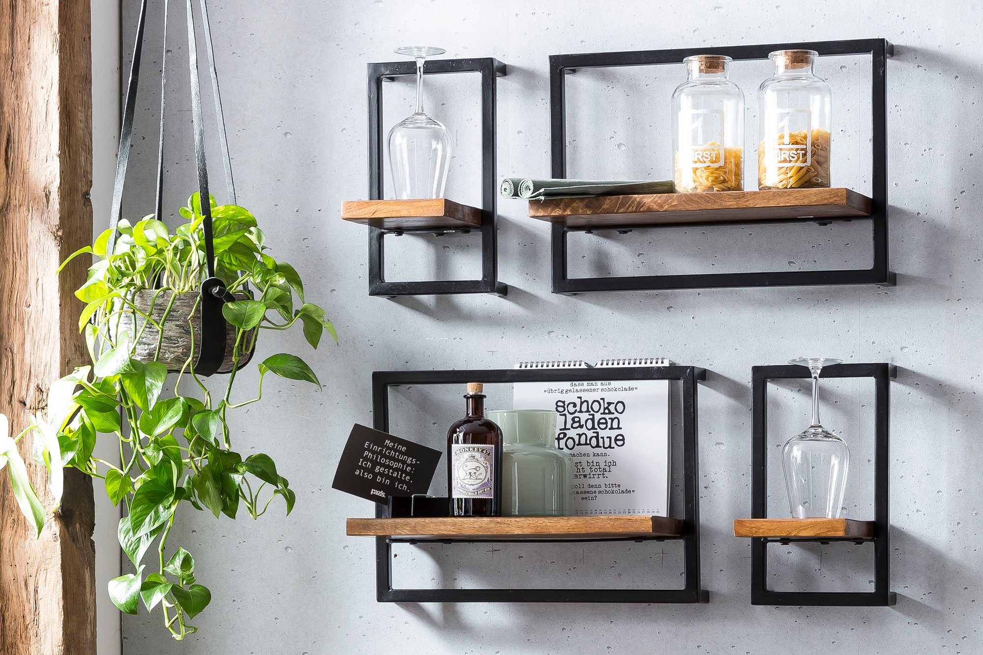 SIT Wandplank Panama Kastenset in industrial-stijl, mangohout en metaal (set, 4 stuks)