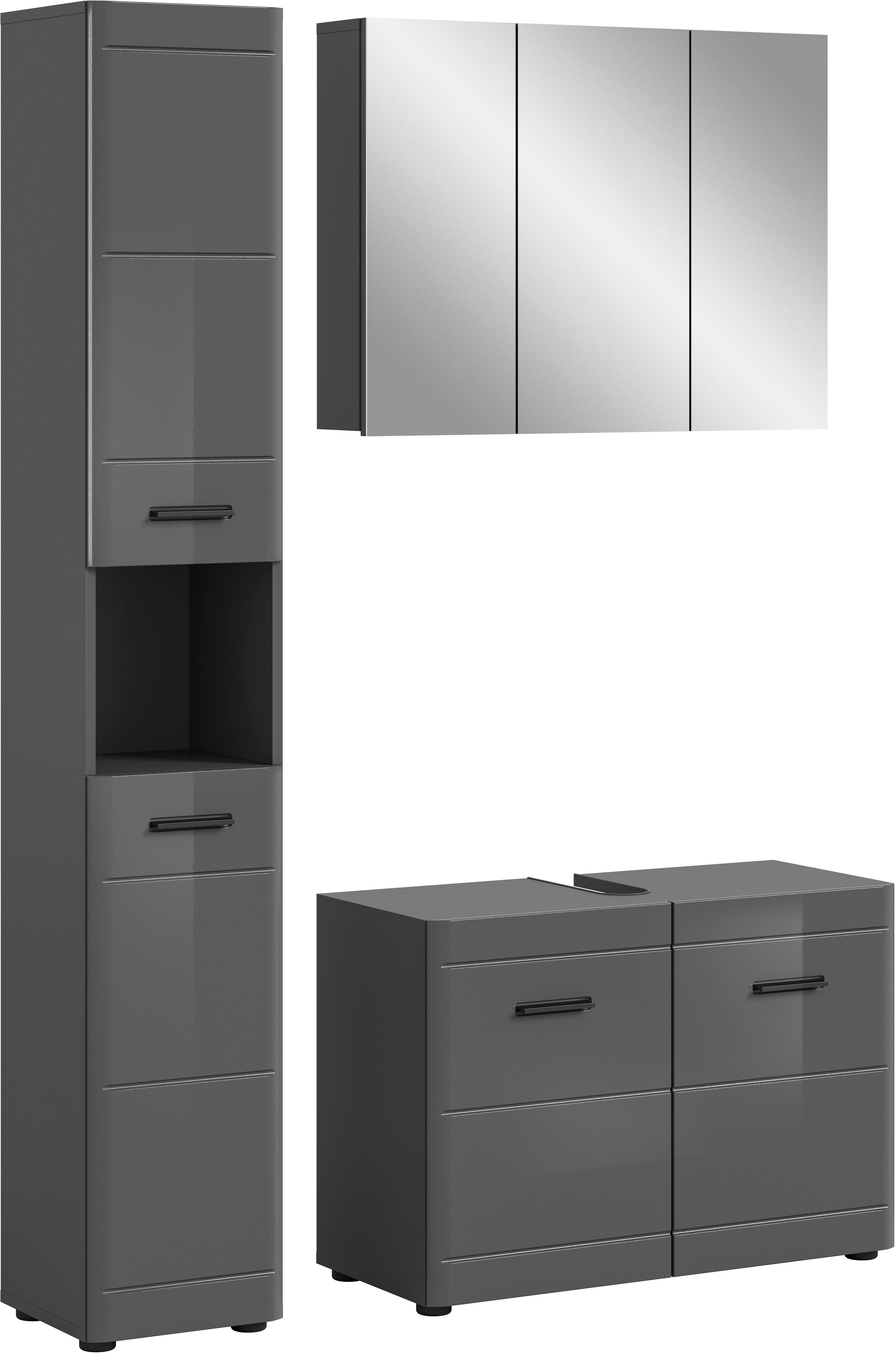 welltime Badmeubelset Doux, bestaande uit: hoge kast, wastafelonderkast Spiegelschrank, hoogwaardige hoogglans MDF front met groeffrasing (3 stuks)