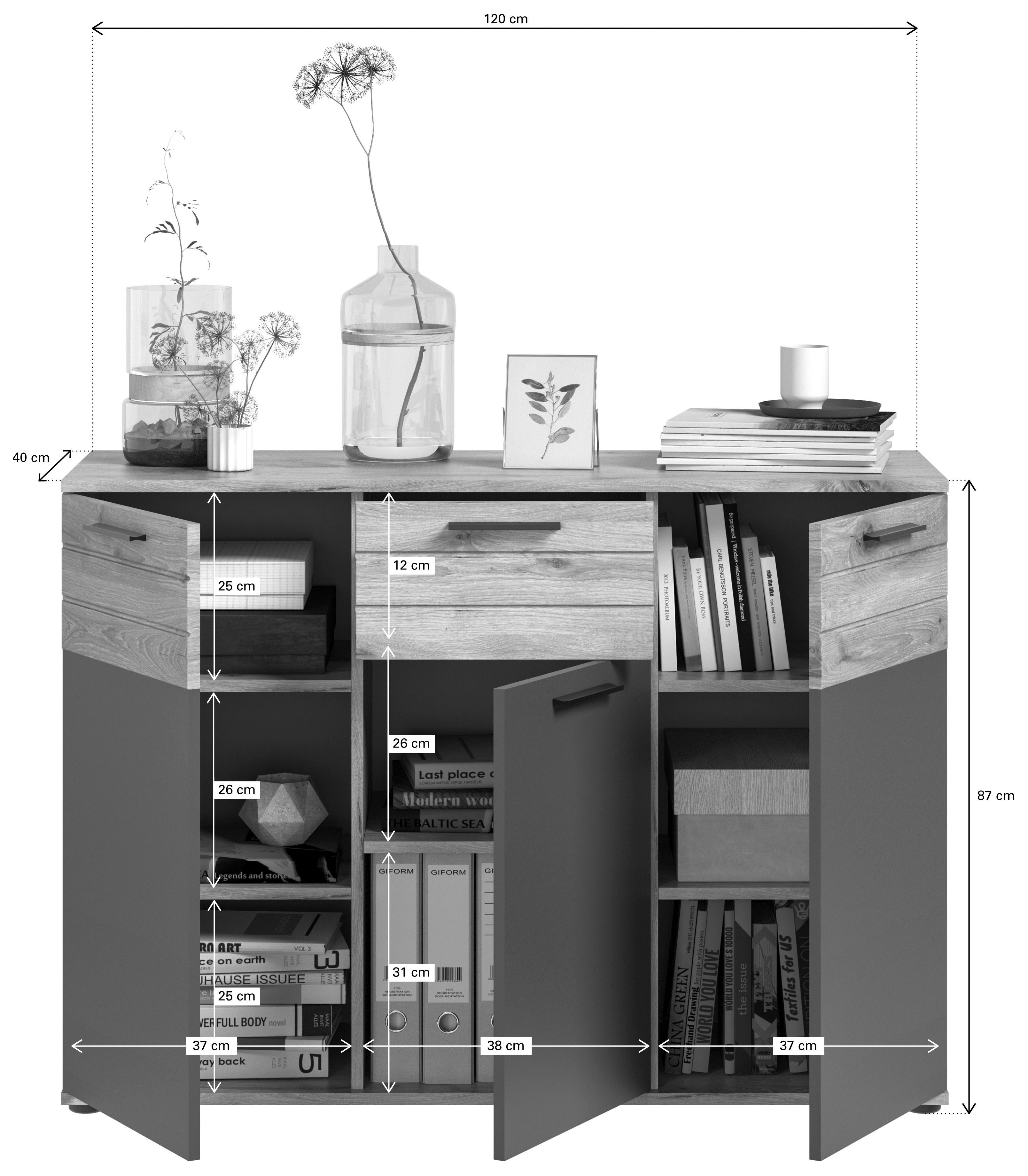 INOSIGN Dressoir Riga, Breedte 120 cm, 3 Deuren, 1 Lade, 5 Planken, 8 Vakken hoogwaardige groeffrezen, met softclose, commode, dressoir, kast
