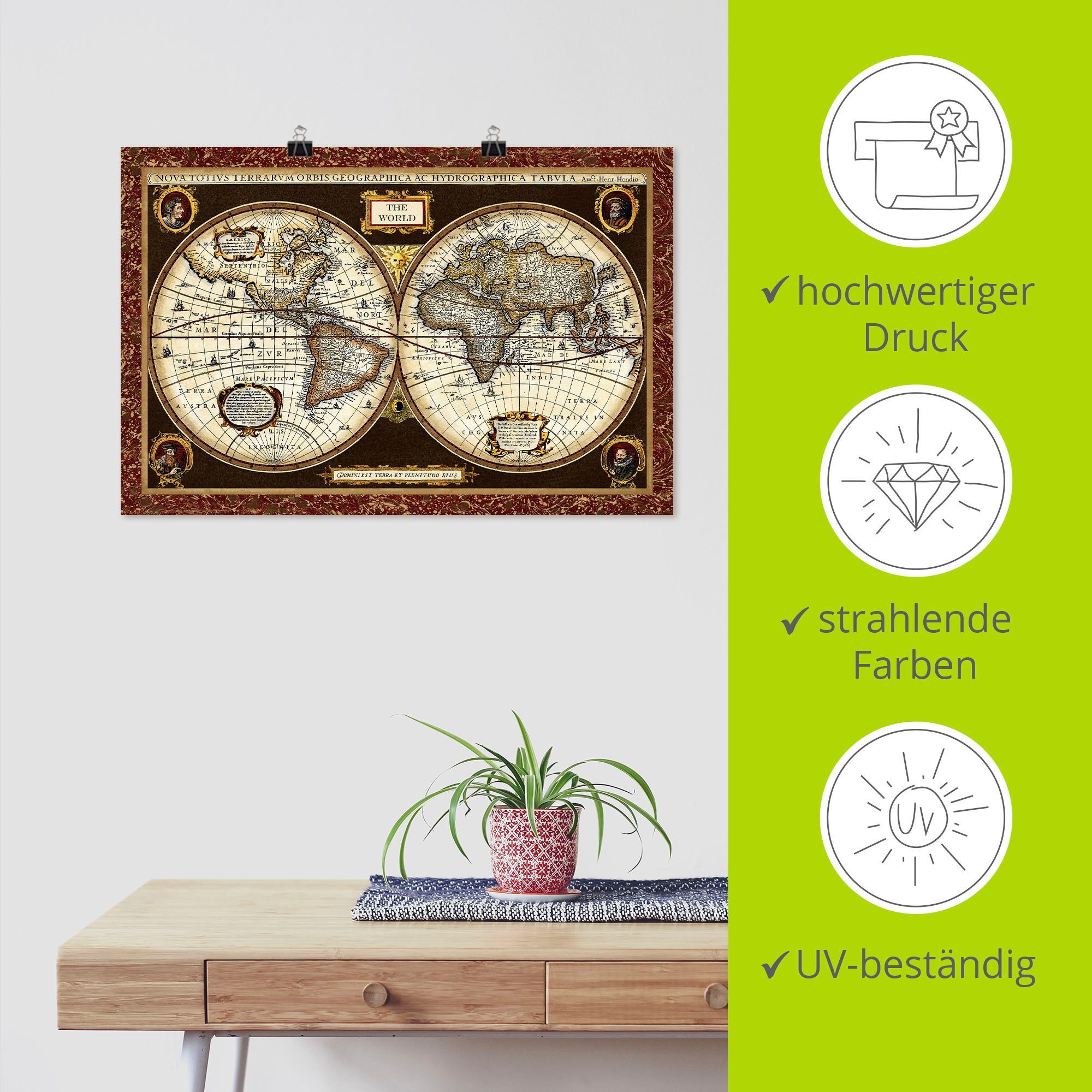 Artland Artprint Wereldkaart als artprint van aluminium, artprint voor buiten, artprint op linnen, poster, muursticker