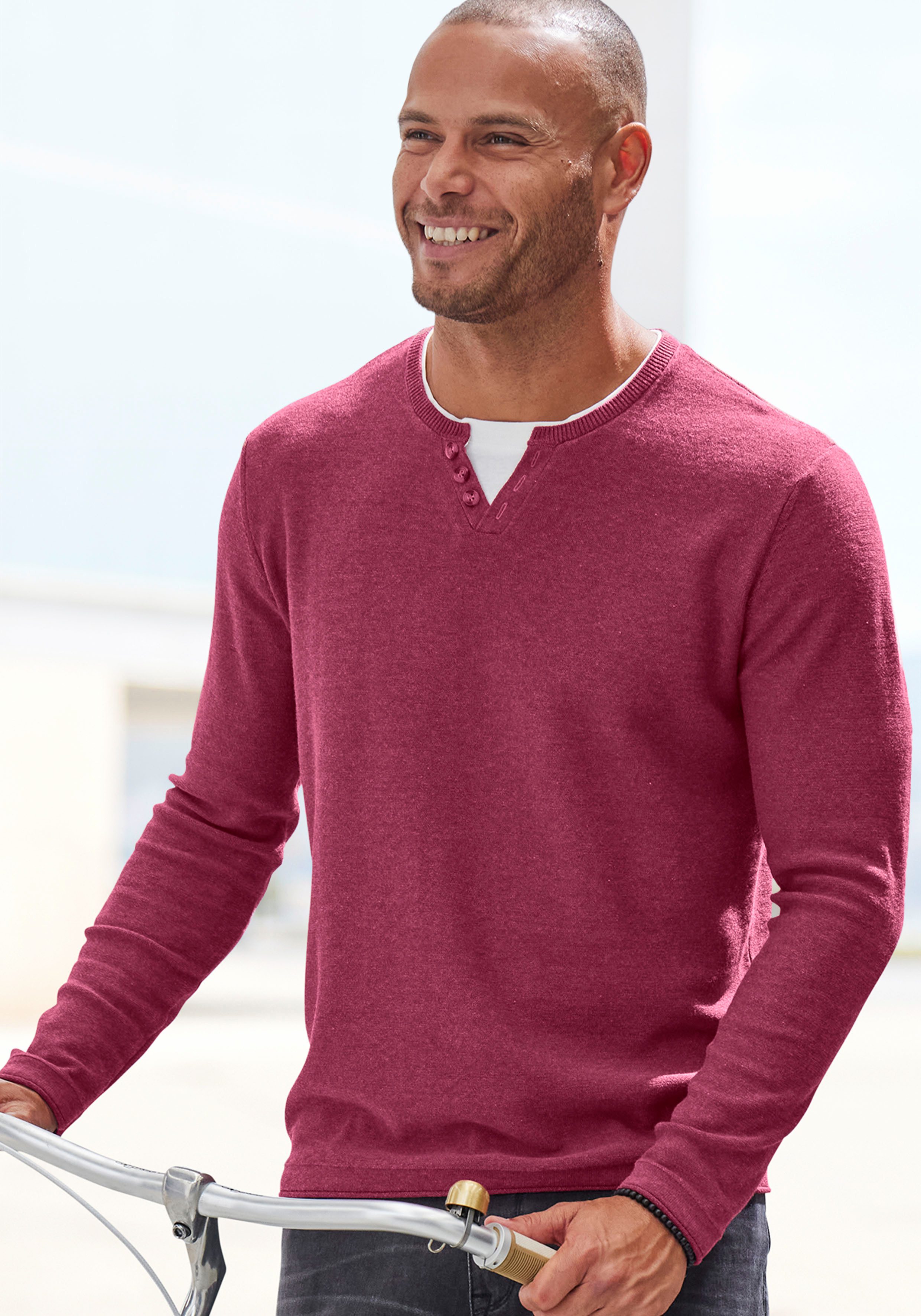 H.I.S Gebreide trui Pullover met hoogwaardige halsafwerking in double-layer look