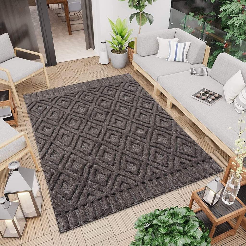 Carpet City Vloerkleed SANTORINI 58377 Geschikt voor binnen en buiten, 3D-effect, ruiten-look, woonkamer, balkon, terras