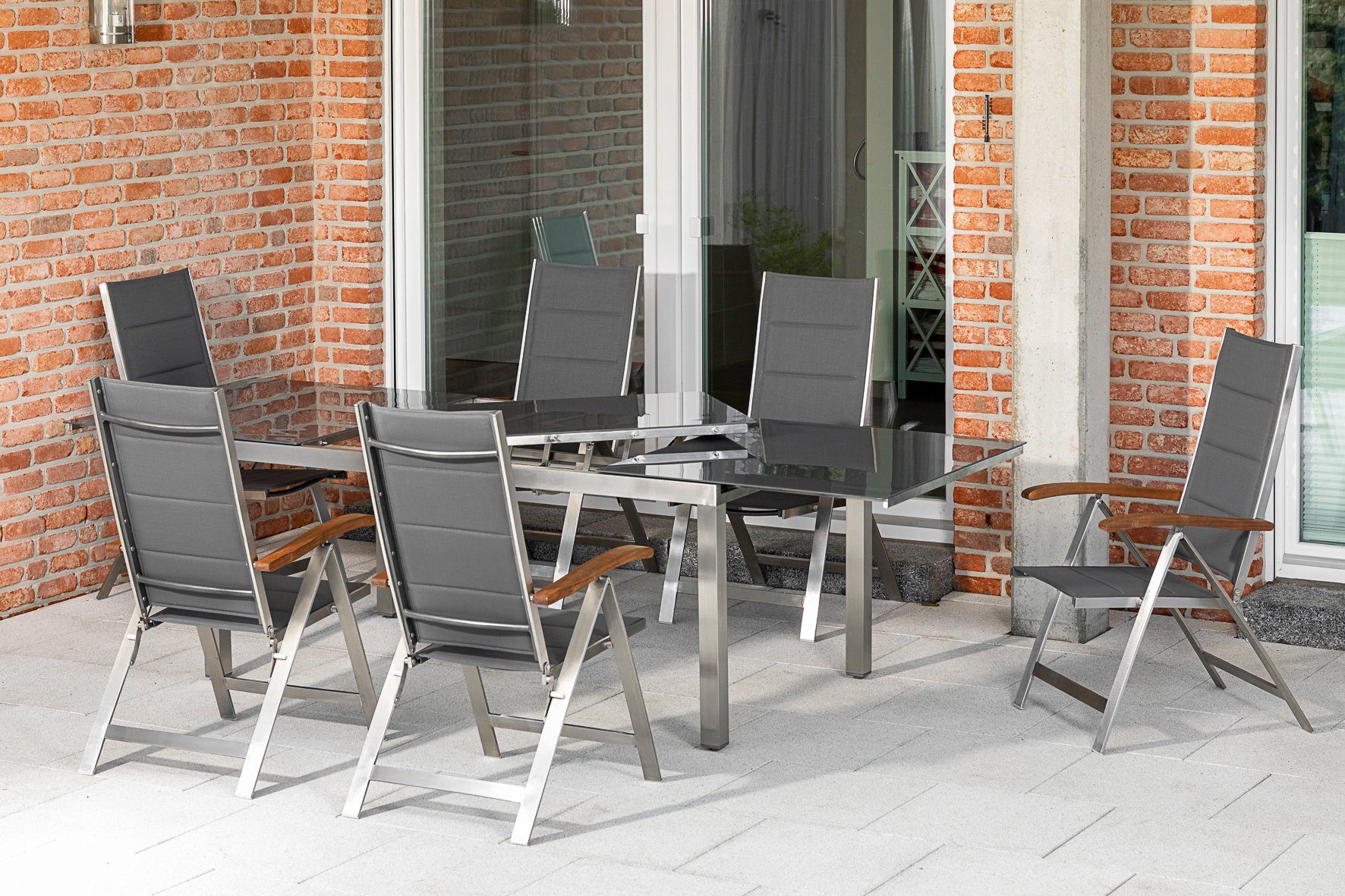 MERXX Tuin-eethoek Ferrara 6 klapstoelen met uittrekbare tafel (7-delig) tuinsets bruin