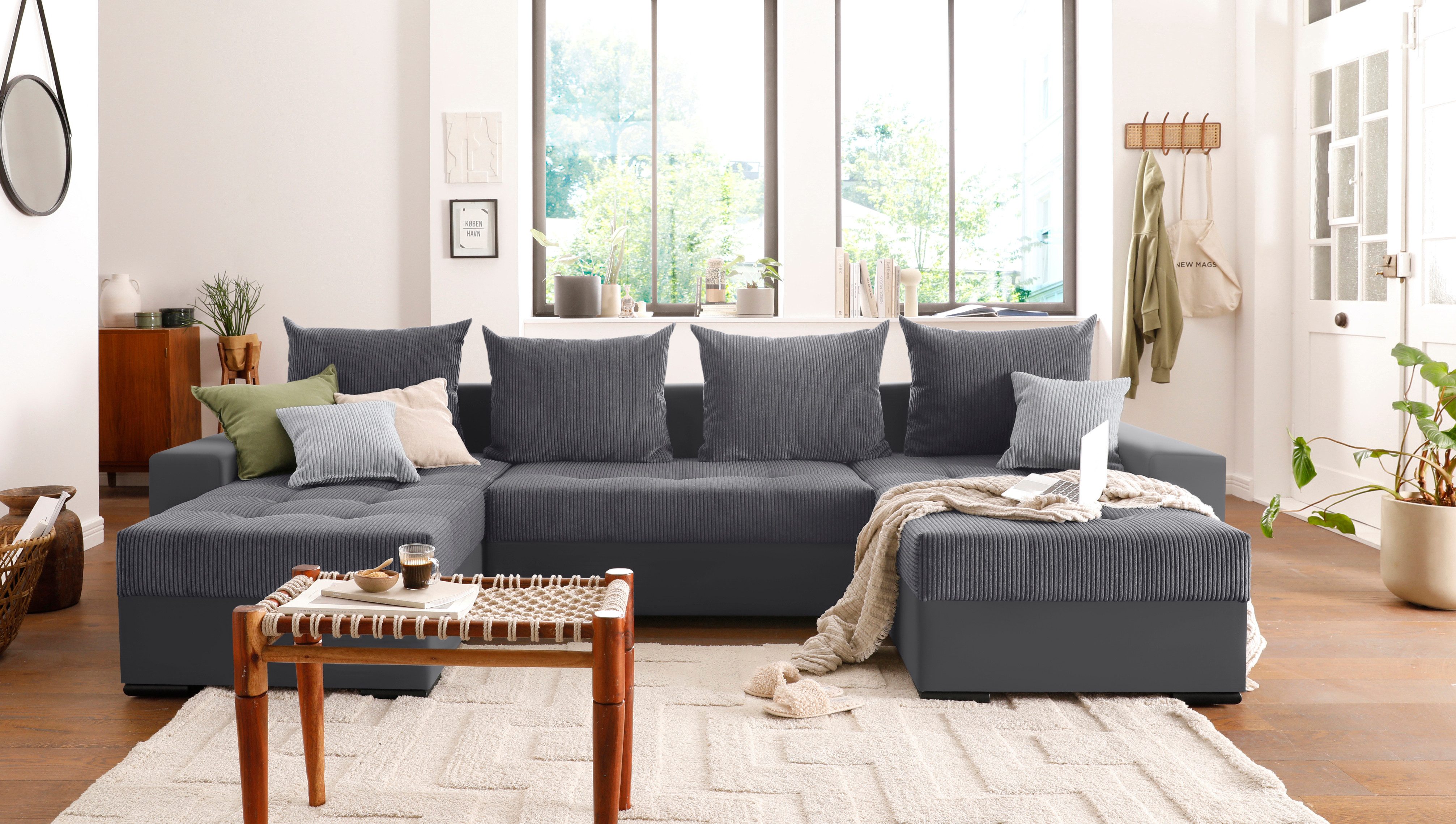 COLLECTION AB Zithoek XL-Josy U-vorm, breedte 313 cm, cord-/mix incl. bedfunctie, bedlade, met 4 gelijk grote rugkussens