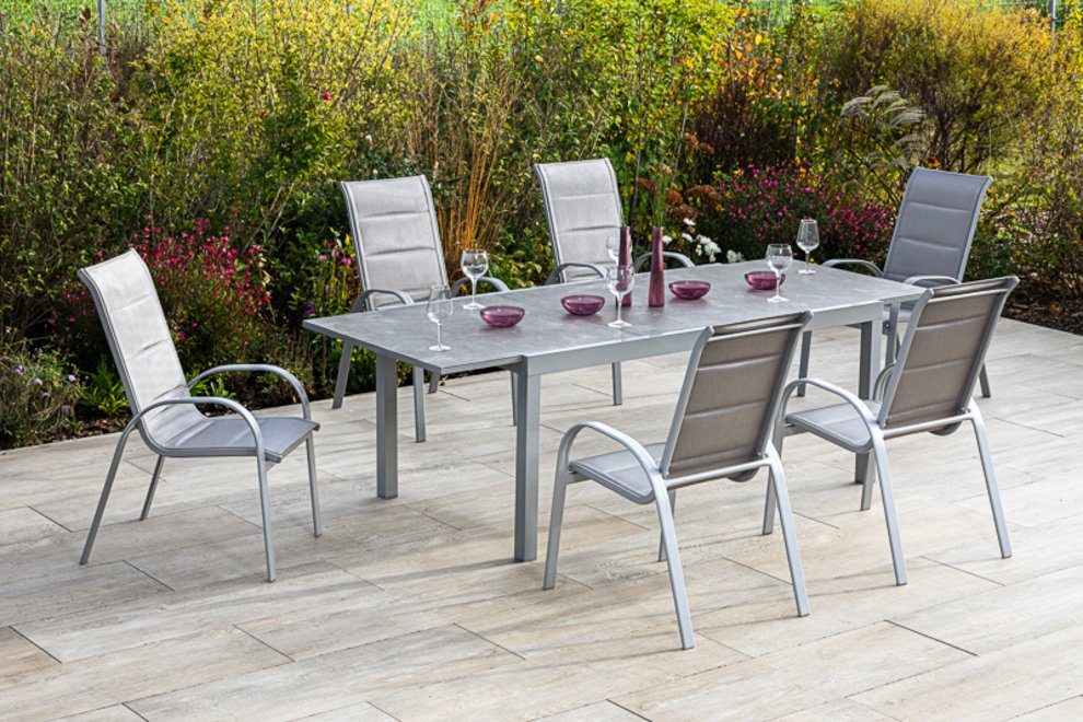 MERXX Tuin-eethoek Amalfi di lusso 6 stapelstoelen met uitschuifbare tafel (180 - 250 cm) (7-delig)