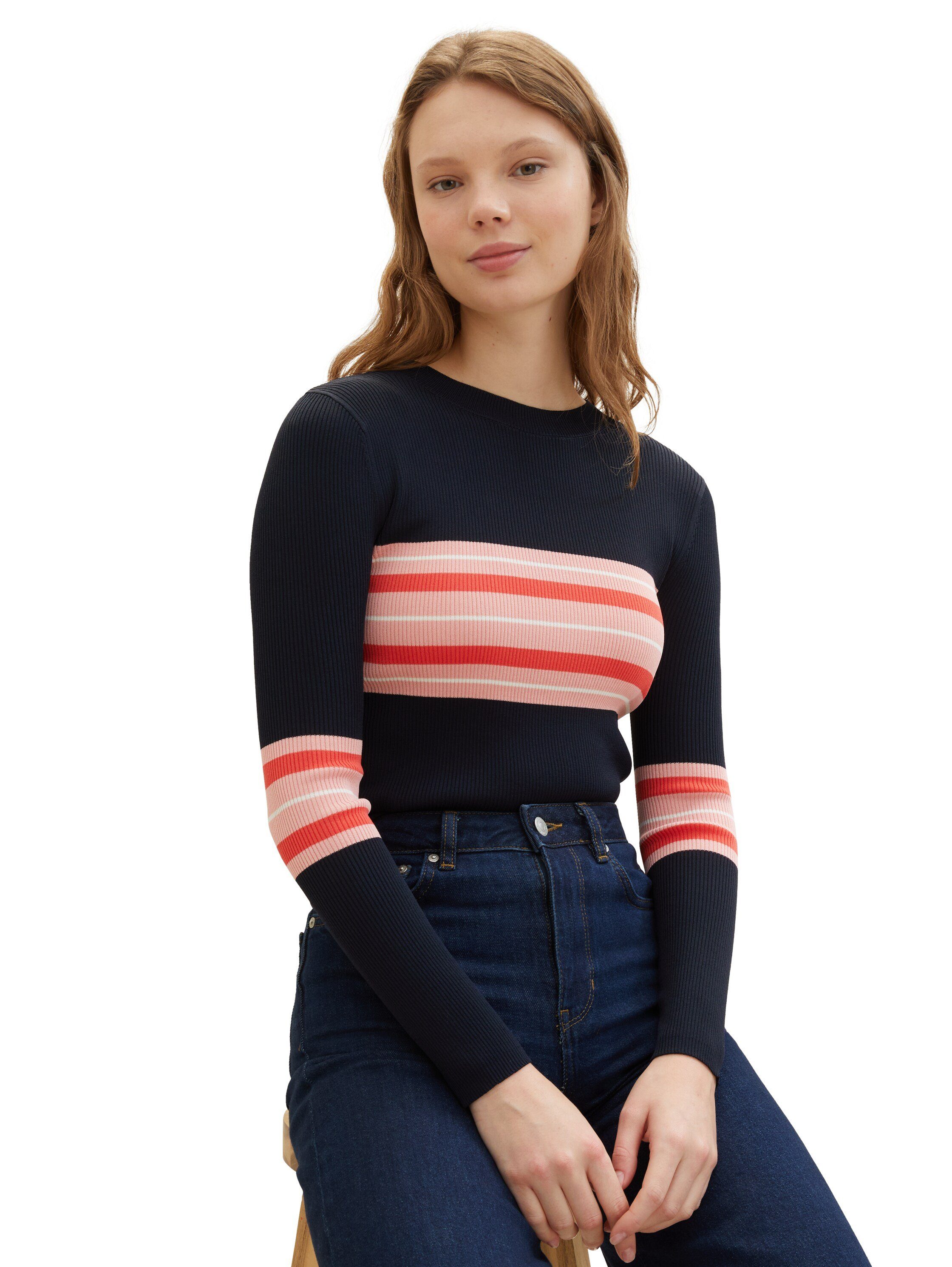 Tom Tailor Denim Trui met ronde hals met colorblocking en rib-structuur
