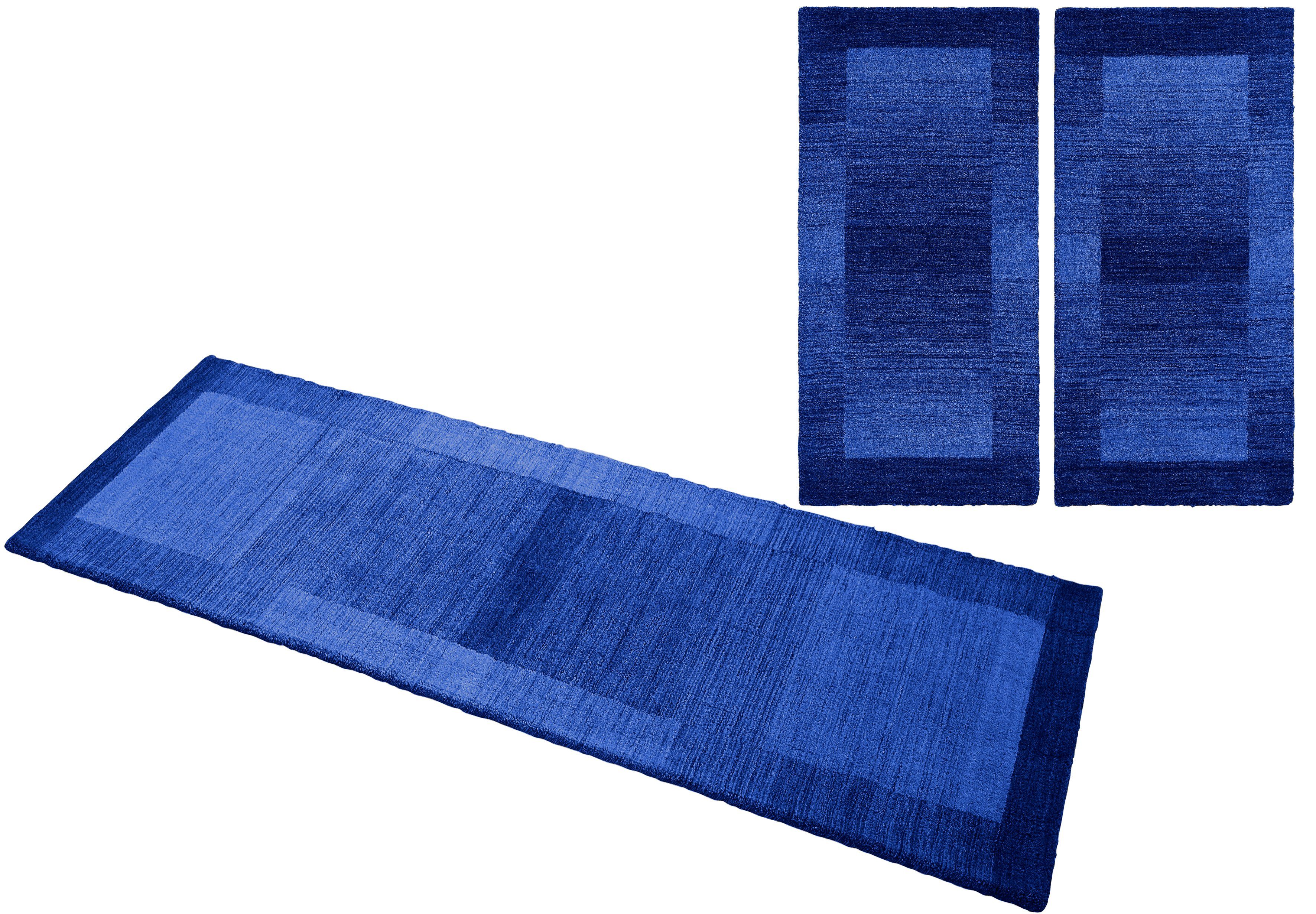 THEKO Set slaapkamerkleedjes Gabbeh super, Handgeweven vloerkleed, randdessin, zuivere wol, met de hand geweven bedvloerkleden blauw