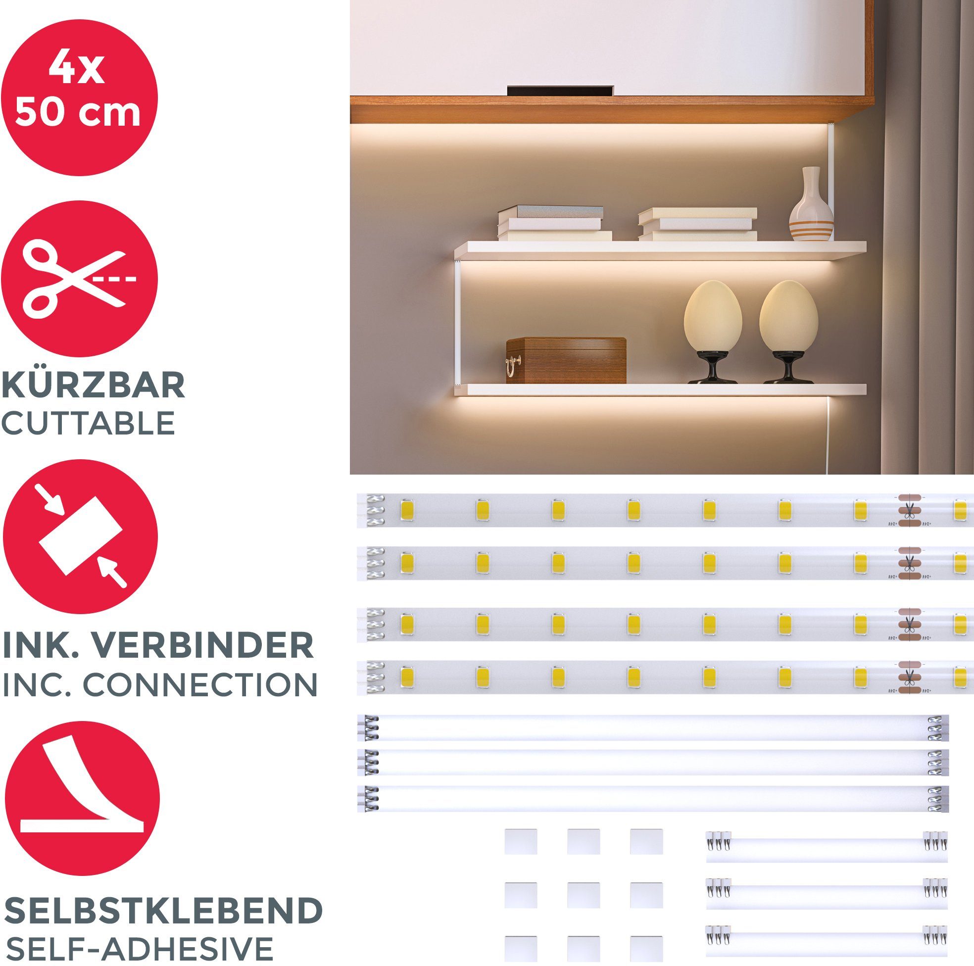 B.K.Licht Led-strepen Lacerta 2m led band set 4 strips onderbouwlamp inclusief connector