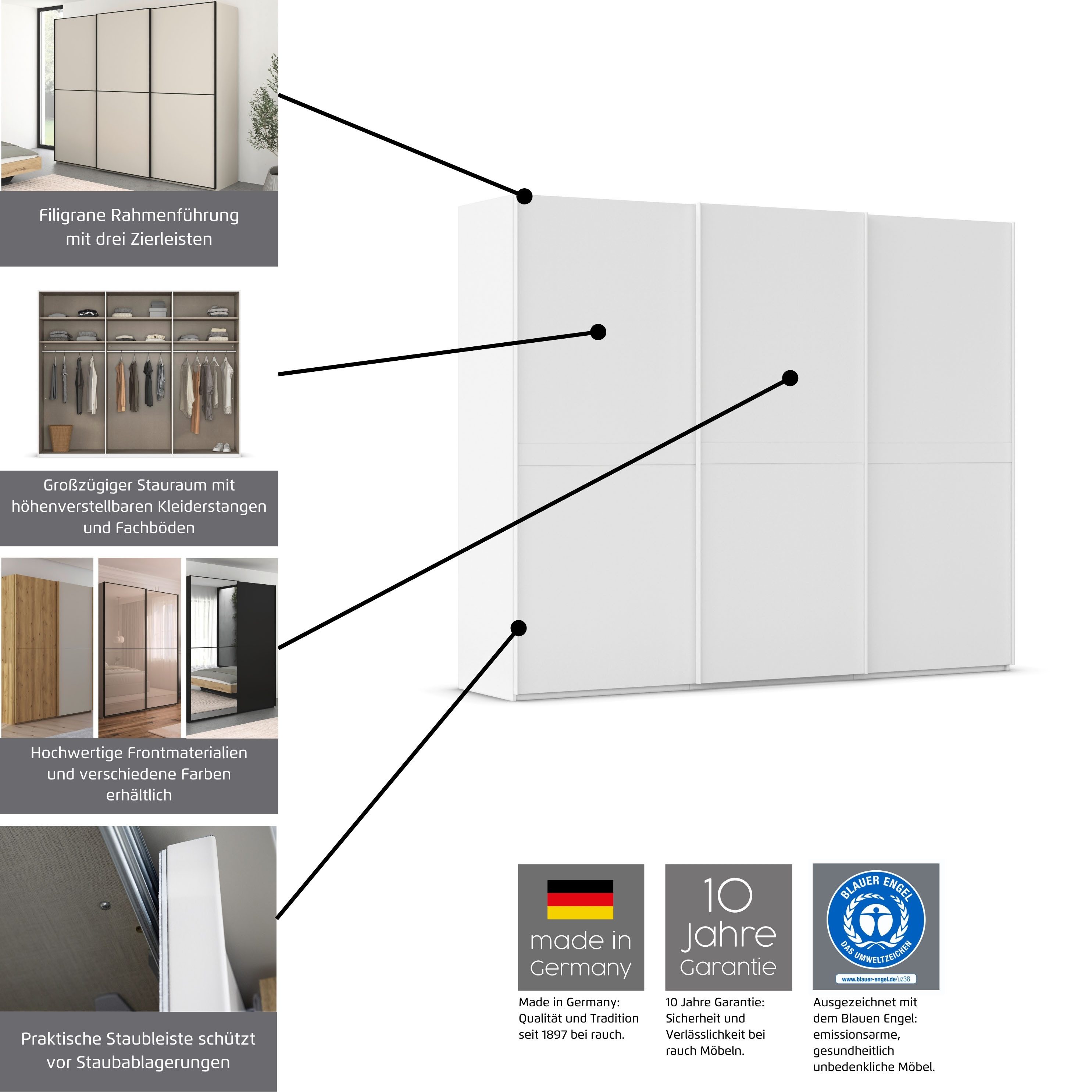 rauch Schuifdeurkast Kledingkast Kast Garderobe Slaapkamerkast SCALE-DUO edel tweedelige deuren glas-front met 3 sierlijsten made in germany