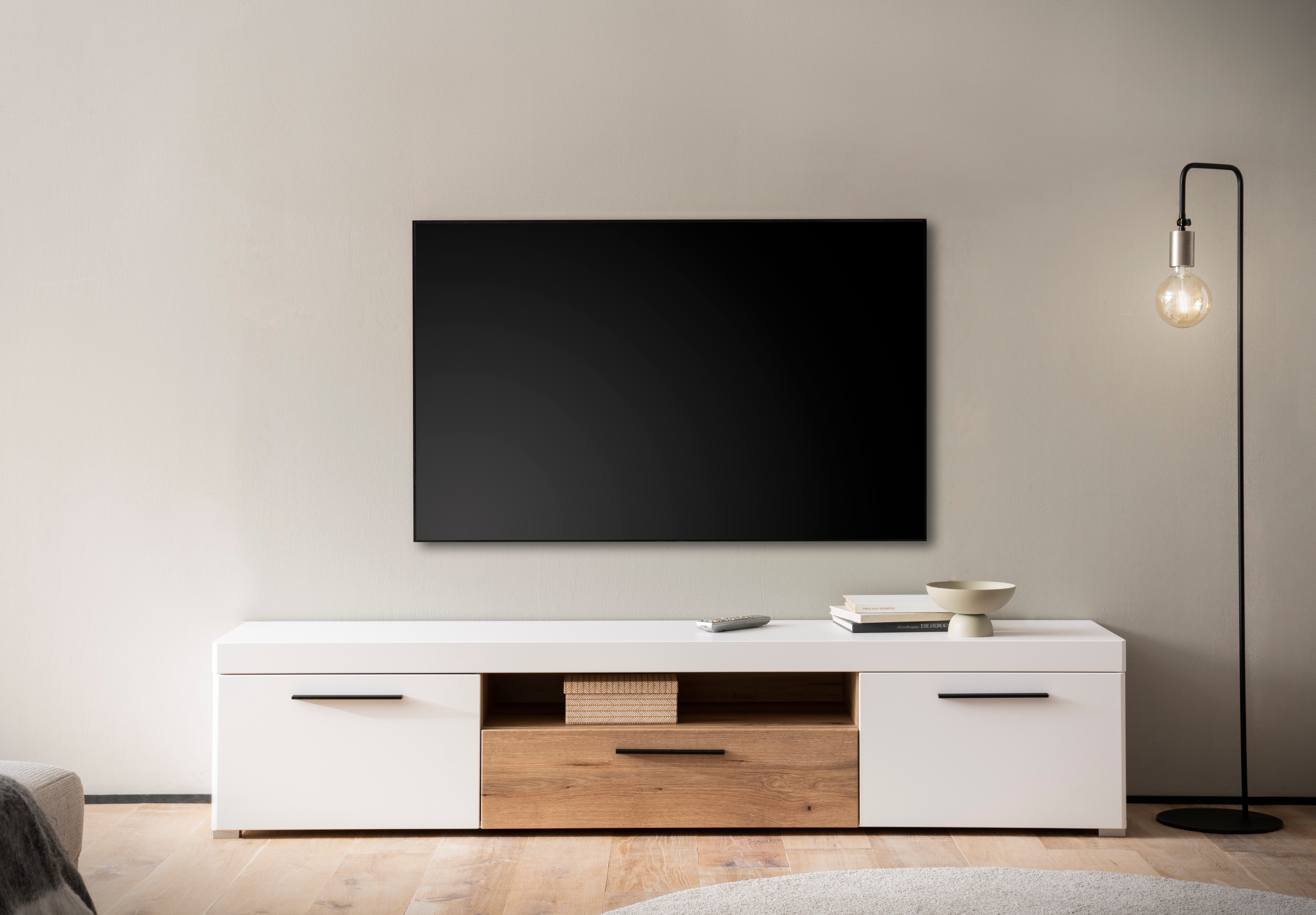 INOSIGN Tv-meubel Salerno, moderne onderkast, commode in wit met Eiken Evoke decor Metalen handgrepen, voldoende opbergruimte, veelzijdig inzetbaar,