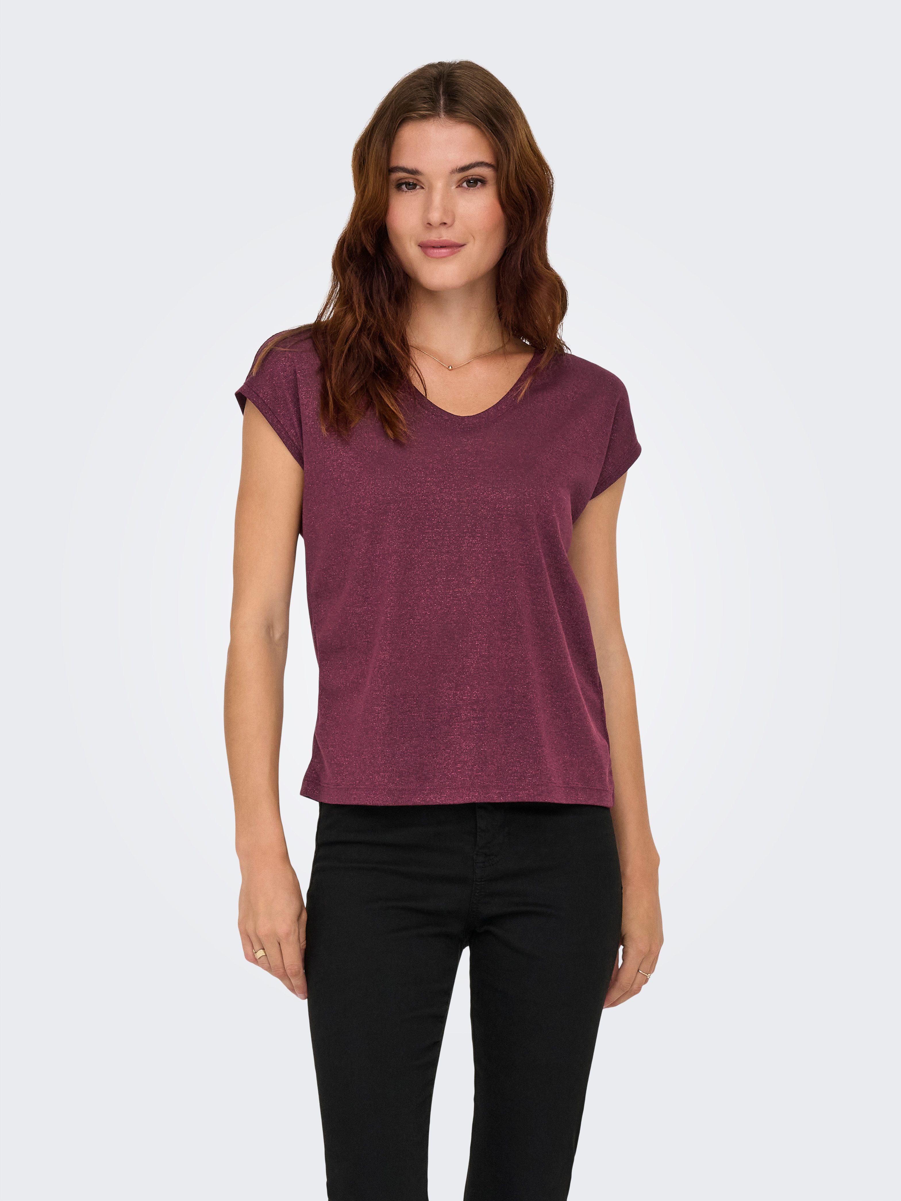 Only Shirt met korte mouwen ONLSILVERY S/S V NECK LUREX TOP JRS NOOS