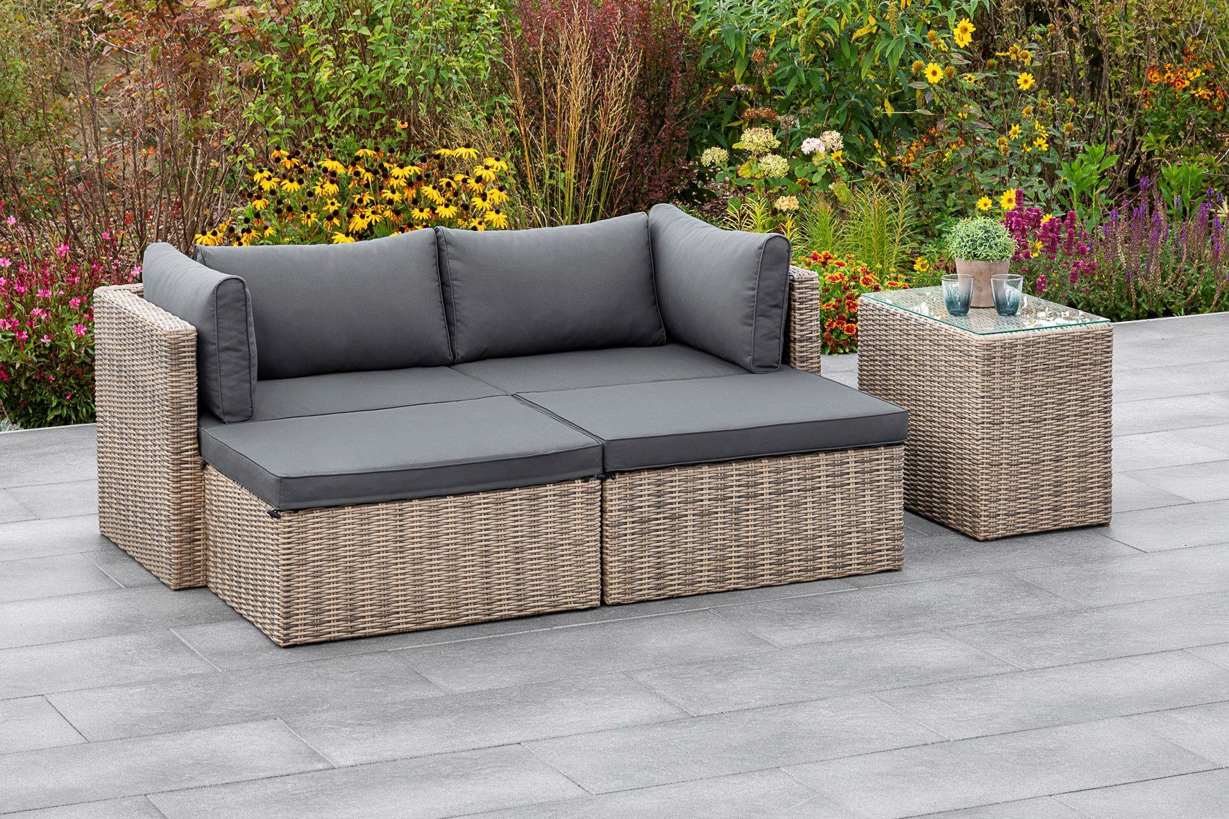 MERXX Tuin-eethoek Licosa 2 fauteuils, 2 hockers, tafel, met kussens, naturelgrijs (5-delig)