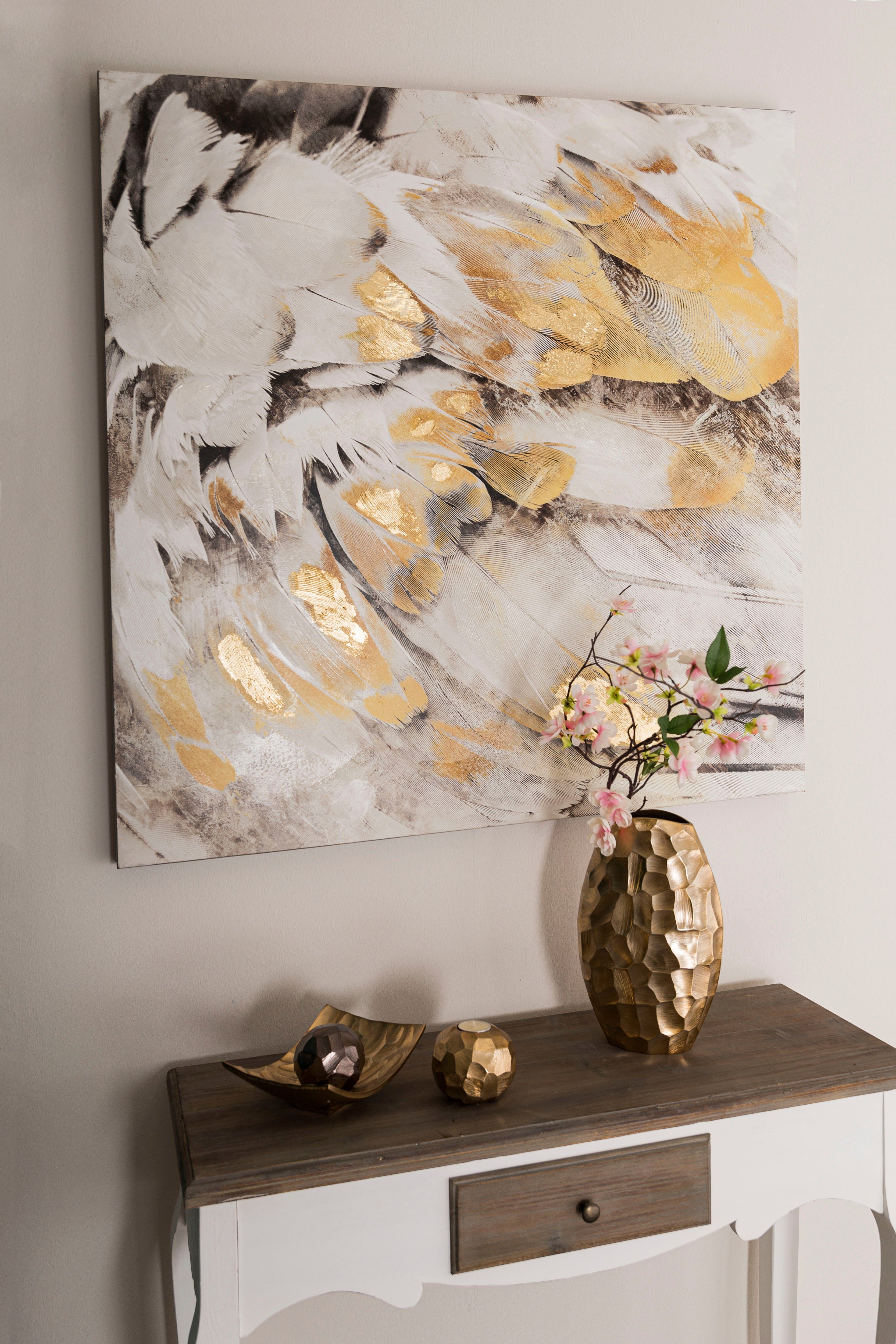 Home affaire Olieverfschilderij Veer, goudkleurig Schilderij, 100x100 cm, woonkamer schilderijen goud(kleur)