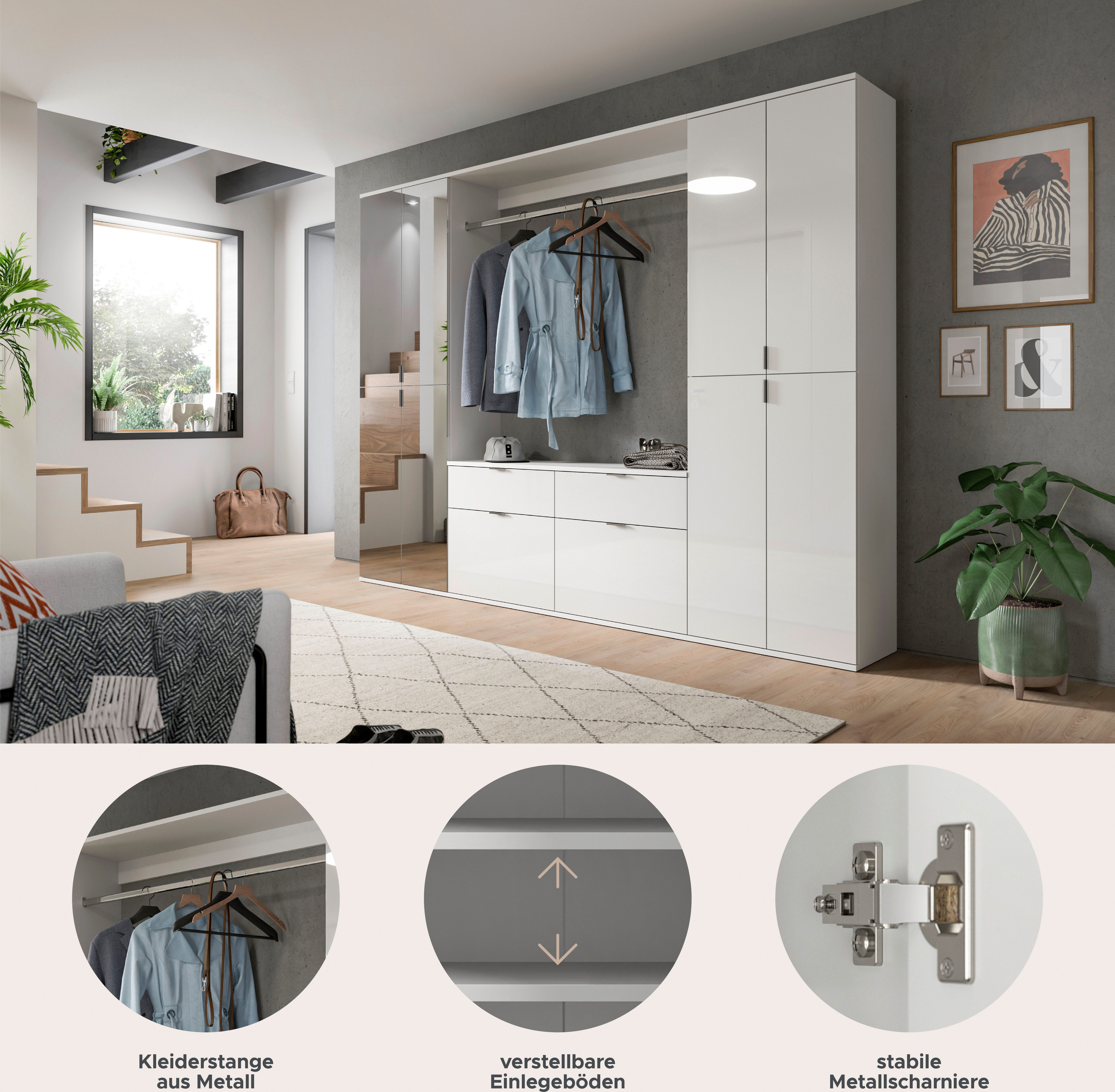 INOSIGN Halmeubelset Trondheim, Breedte 243 cm, 5-delig, bestaande uit: 2x garderobekast, 1 commode, 1 kledingstang, 1 legplank (set, 4-delig)