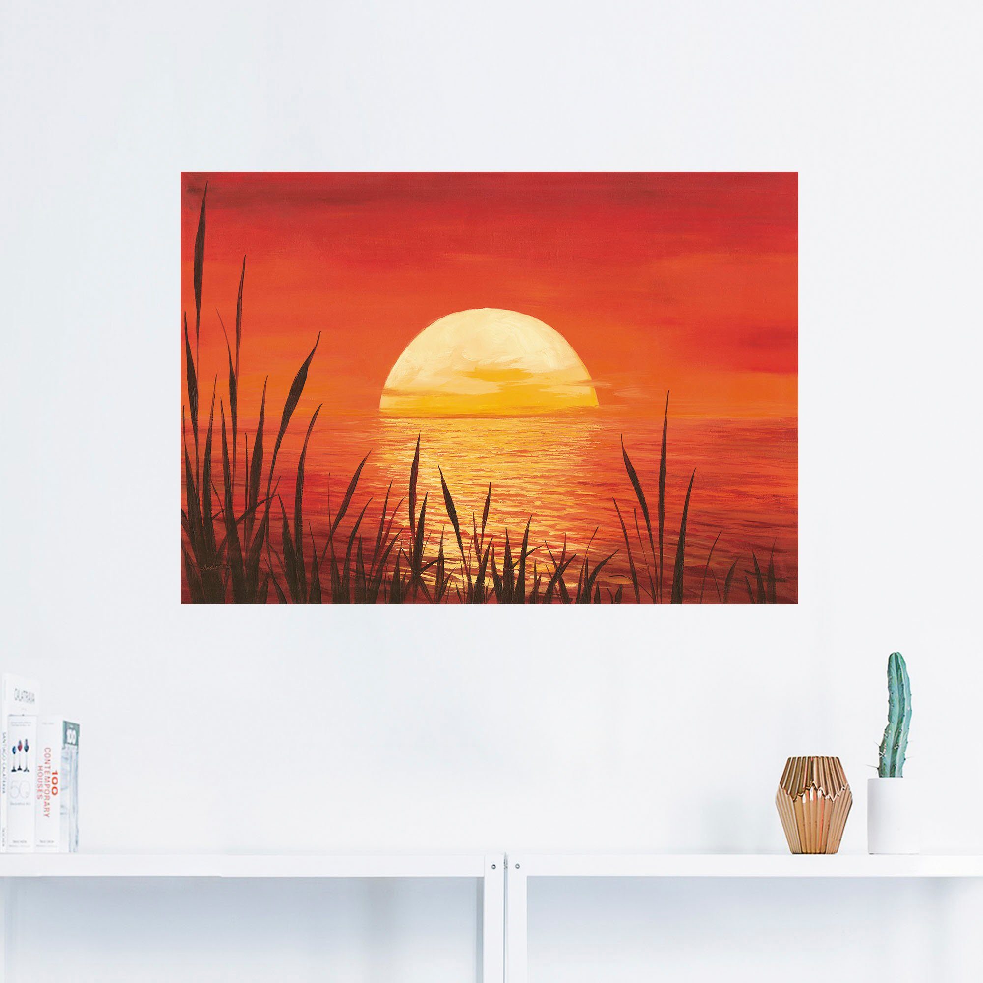 Artland Artprint Rode zonsondergang bij de oceaan als artprint van aluminium, artprint voor buiten, artprint op linnen, poster, muursticker