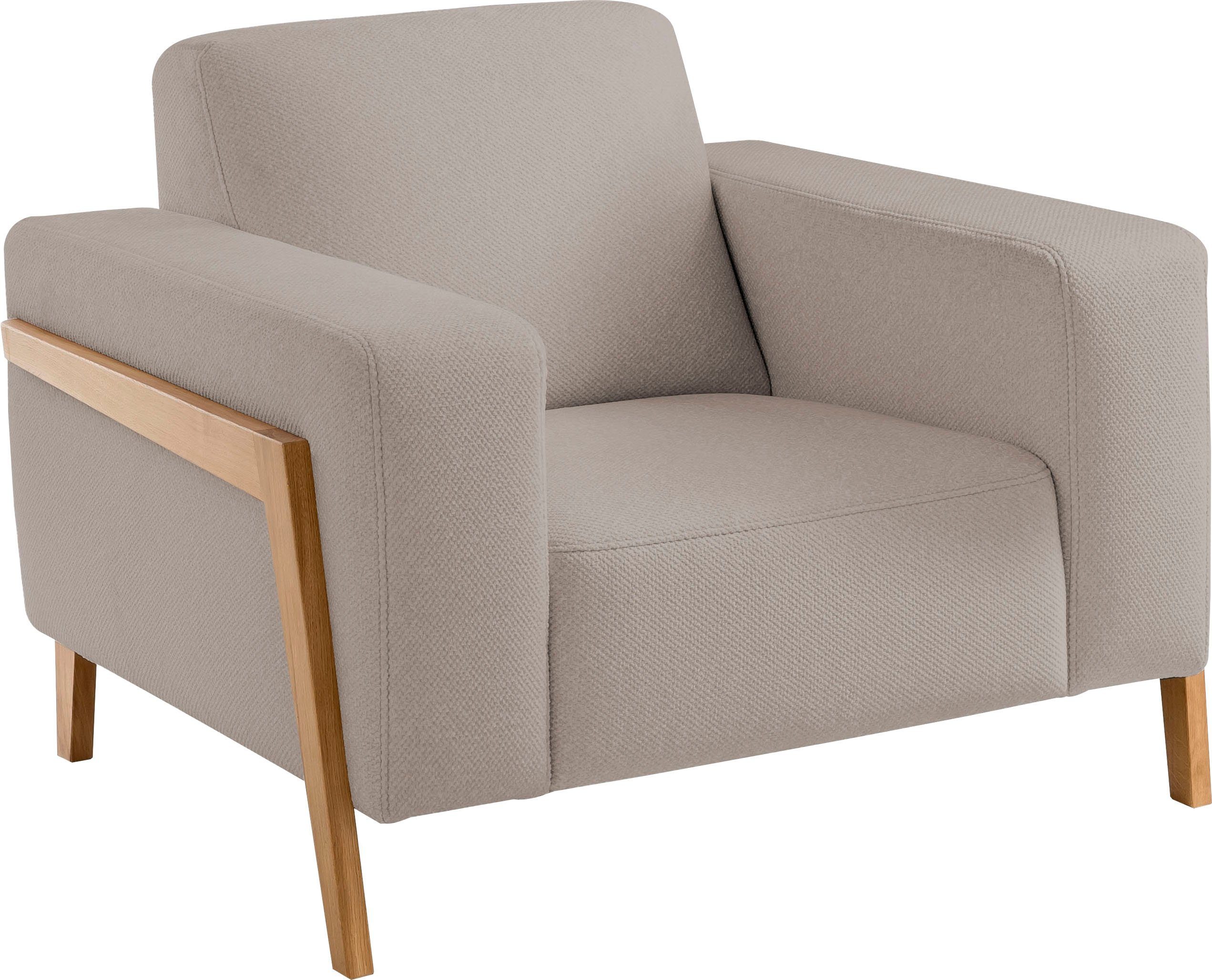 exxpo - sofa fashion Fauteuil Starr, loungestoel, Scandic ontwerp met zichtbaar hout aan de armleuning in scandinavisch design, met massief houten poten, vrij plaatsbaar in de ruimte