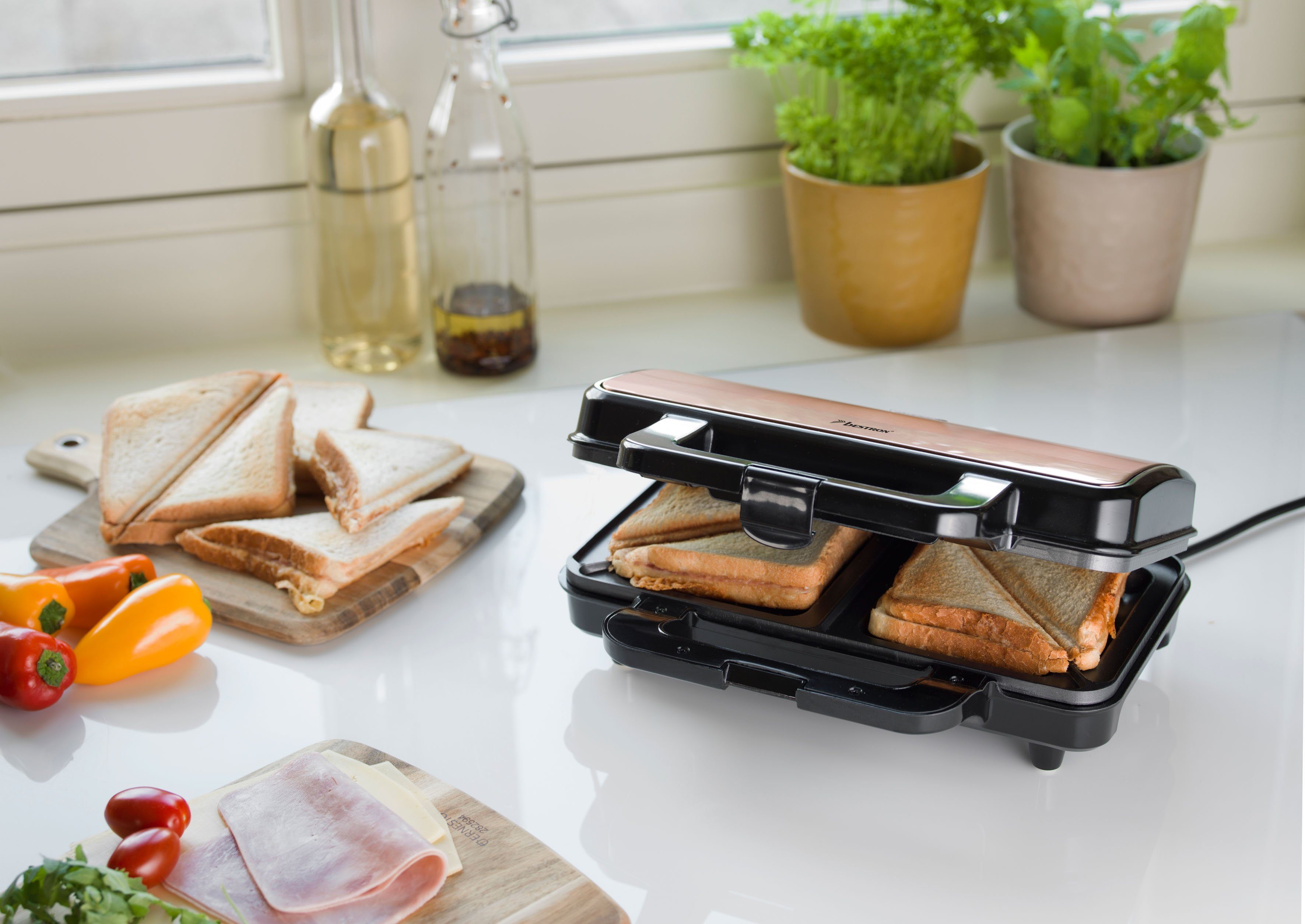 bestron Sandwichmaker ASM90XLCO XL sandwich-toaster antiaanbak gecoat, voor 2 sandwiches, zwart/koperkleur