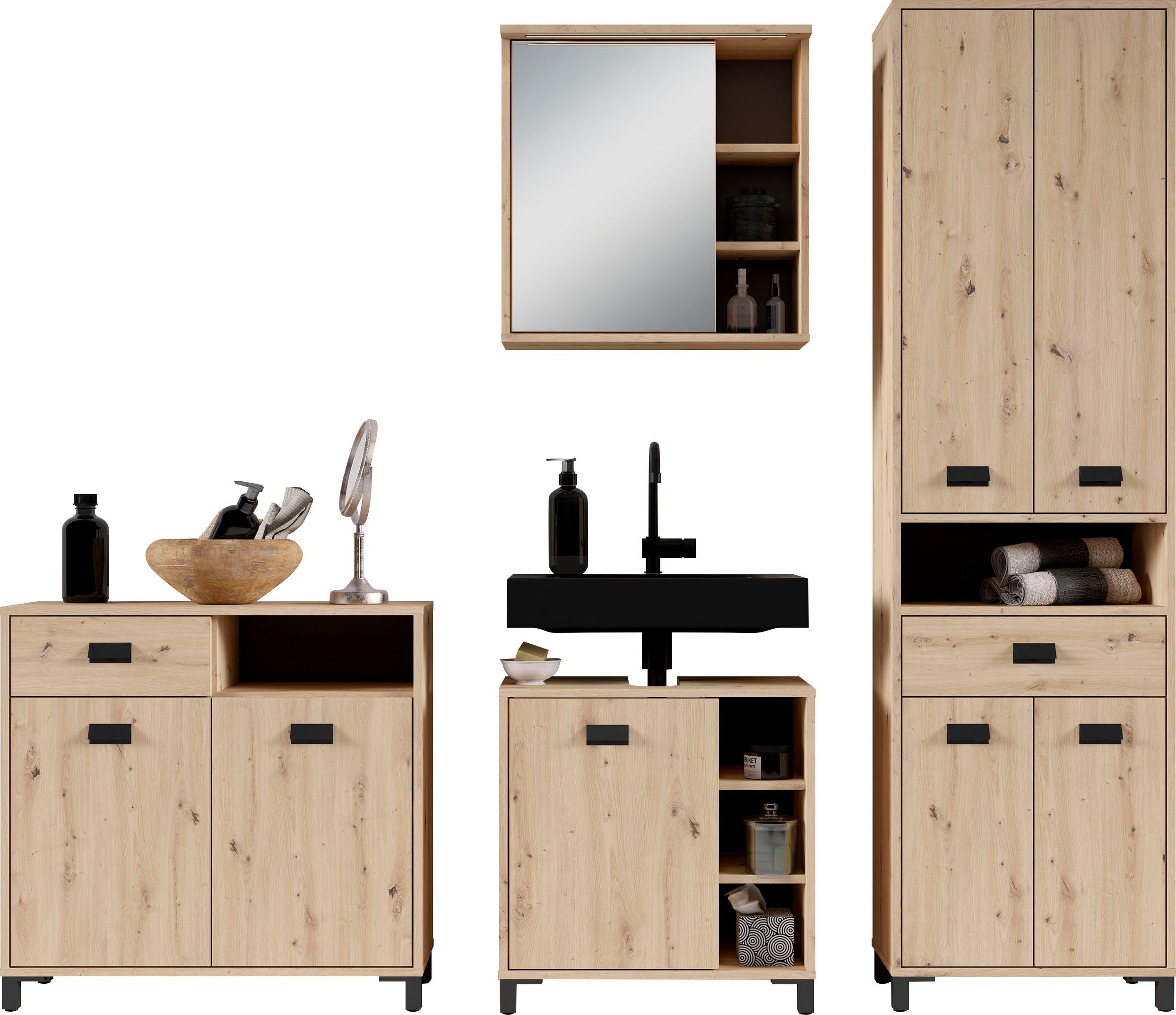 byLIVING Hoge kast Wellness Badkamer hoge kast met 4 deuren en lade voor veel opbergruimte