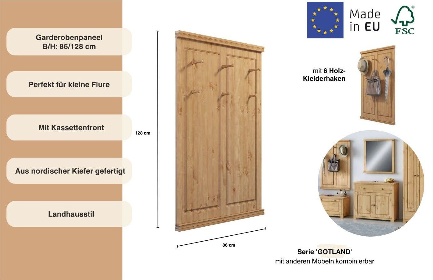 Home affaire Kapstokpaneel Gotland van massief grenen, fsc®-gecertificeerd, met 6 haken, 85 cm breed
