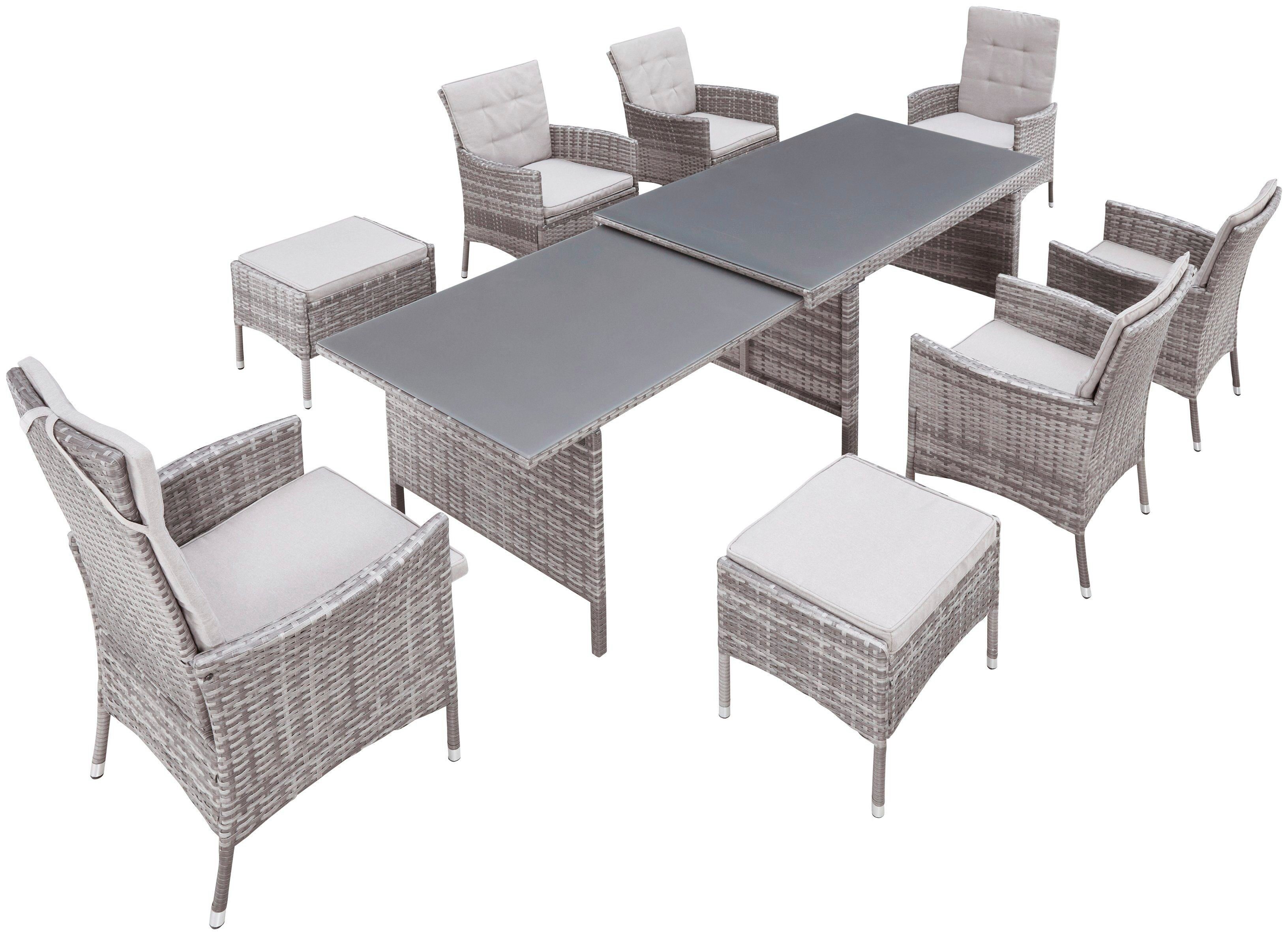KONIFERA Tuin-eethoek Parla 2 van de 6 stoelen zijn verstelbaar, grijs, tafelblad van veiligheidsglas (set, 21-delig)
