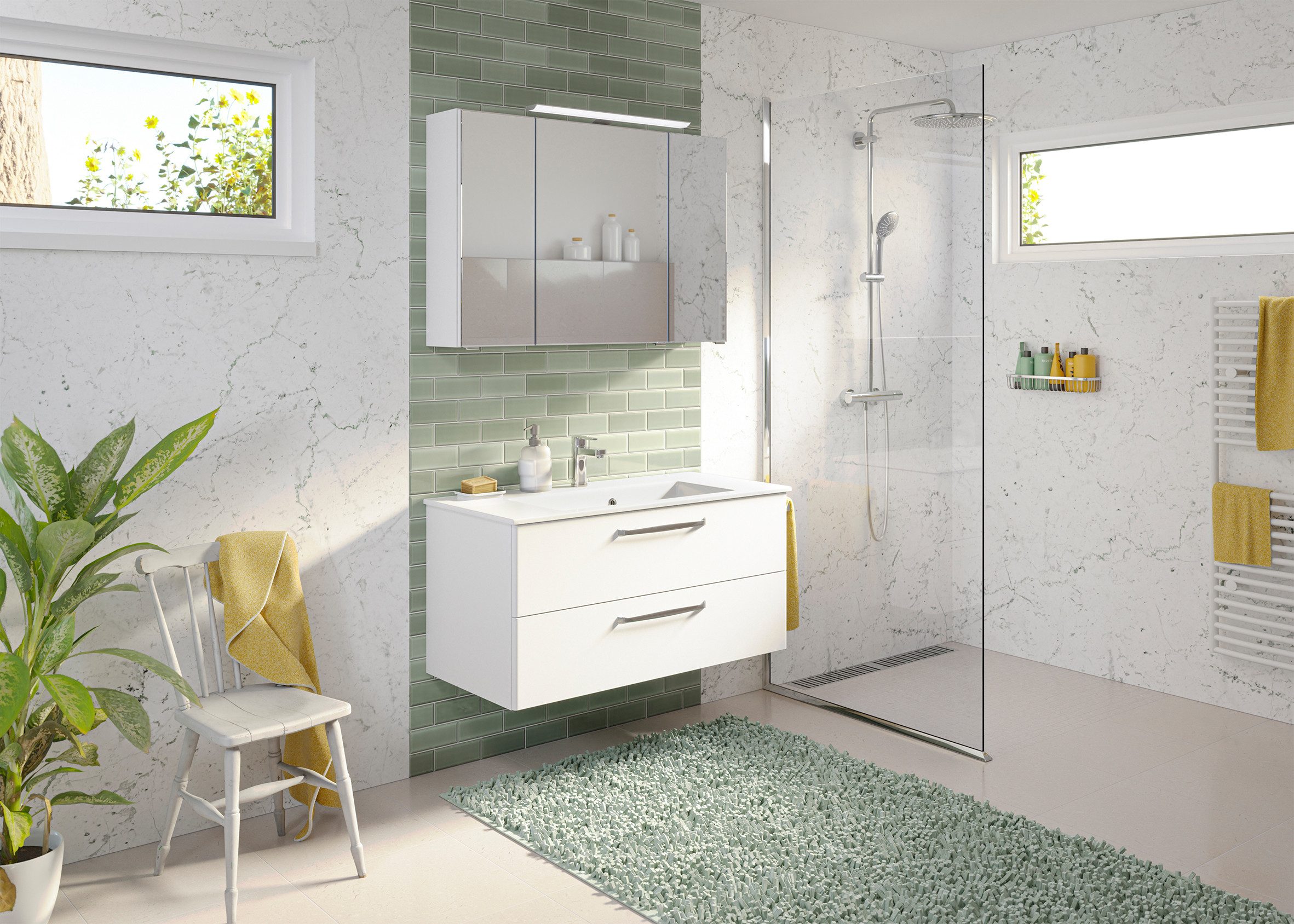 Saphir Badmeubelset Trentino 2-delig mineralen marmer wasbak, spiegelkast met LED-profiel (3 stuks)
