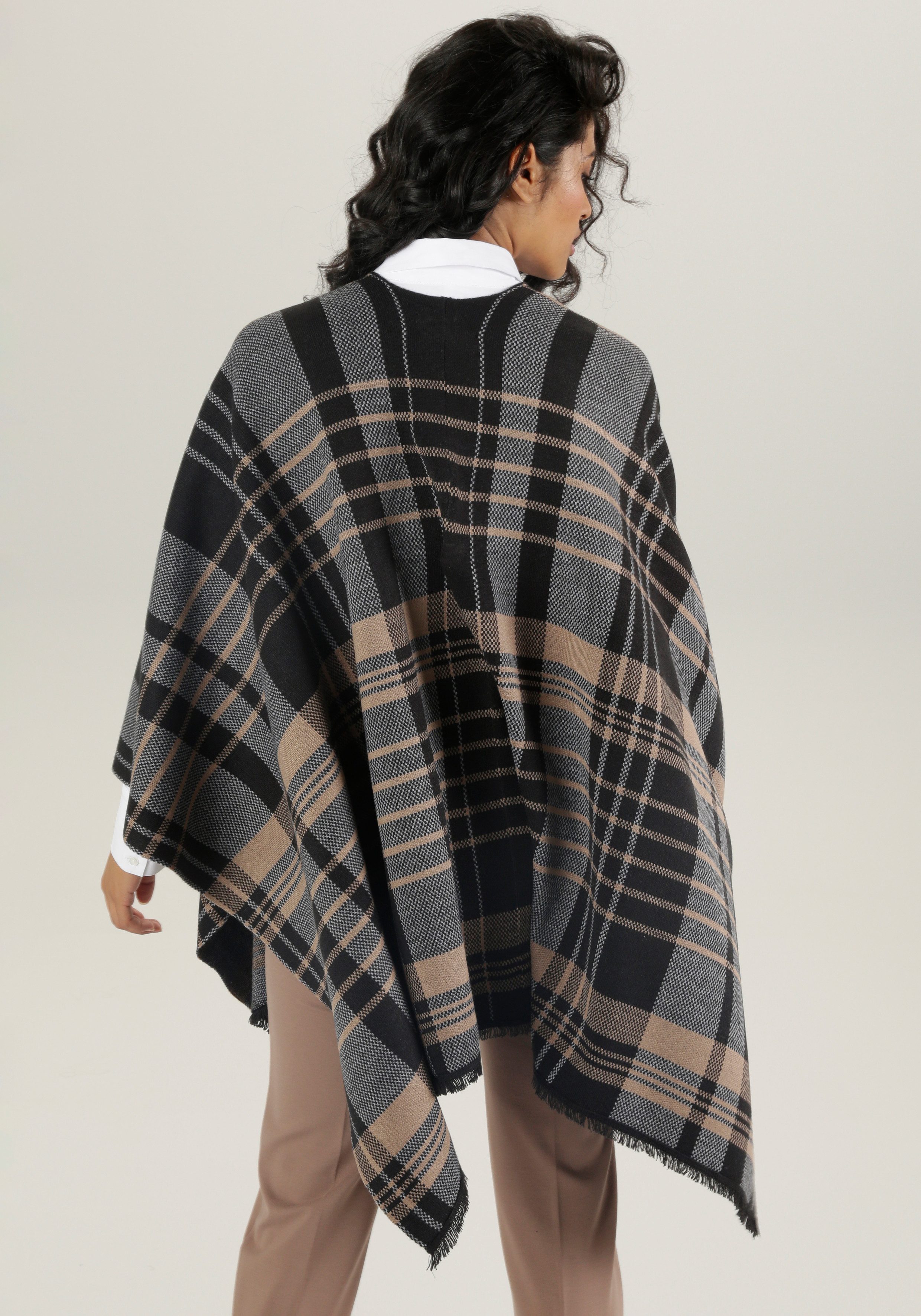 Aniston SELECTED Gebreide poncho met ruitmotief en franje