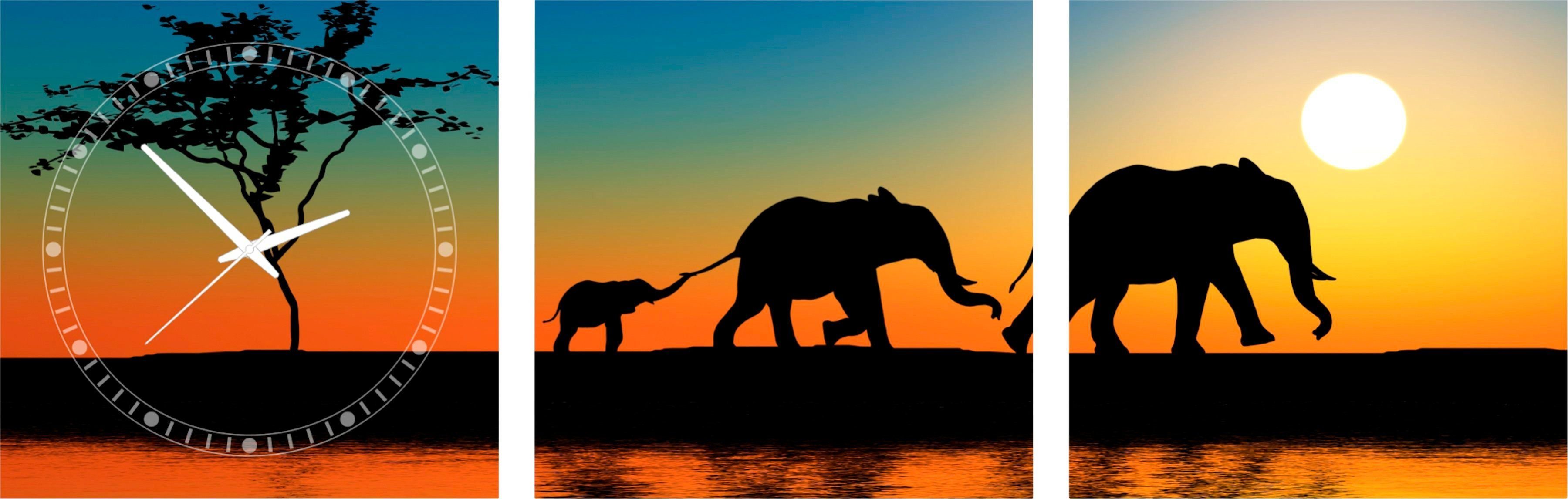 Conni Oberkircher´s Beeld met klok Walking Elephants - olifanten aan de horizon met decoratieve klok, wilde dieren, zonsondergang (set)