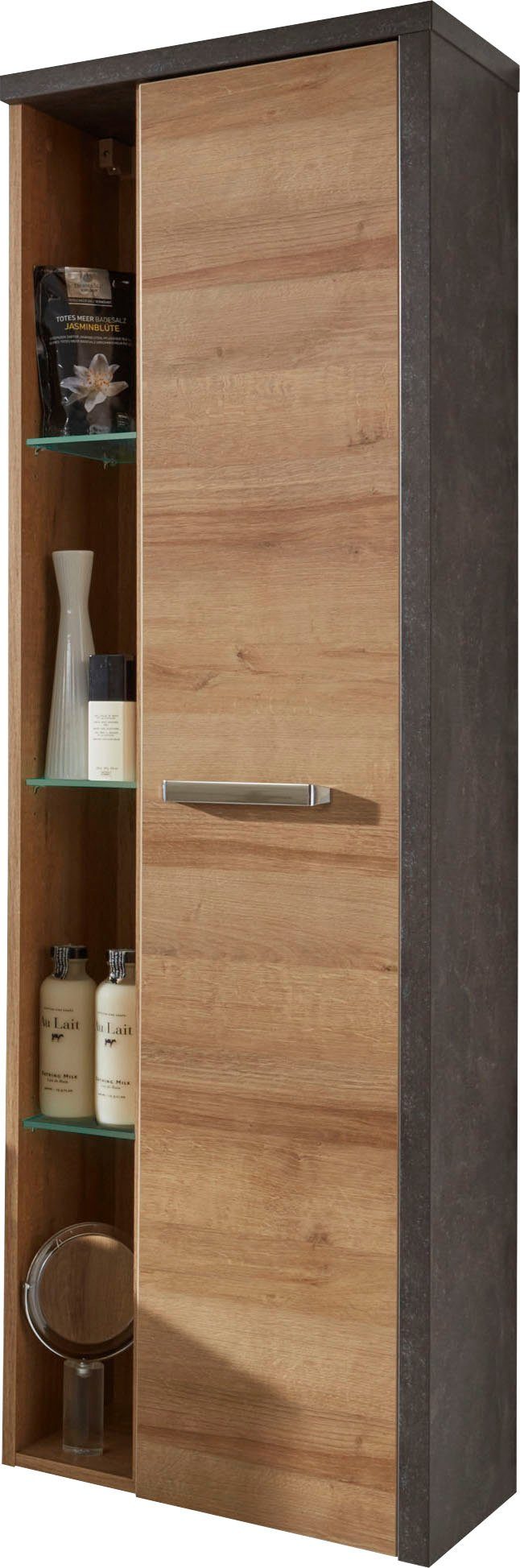 welltime Hoge kast Bilbao Hangende badkamerkast met binnen spiegelende deur en 3 glazen planken