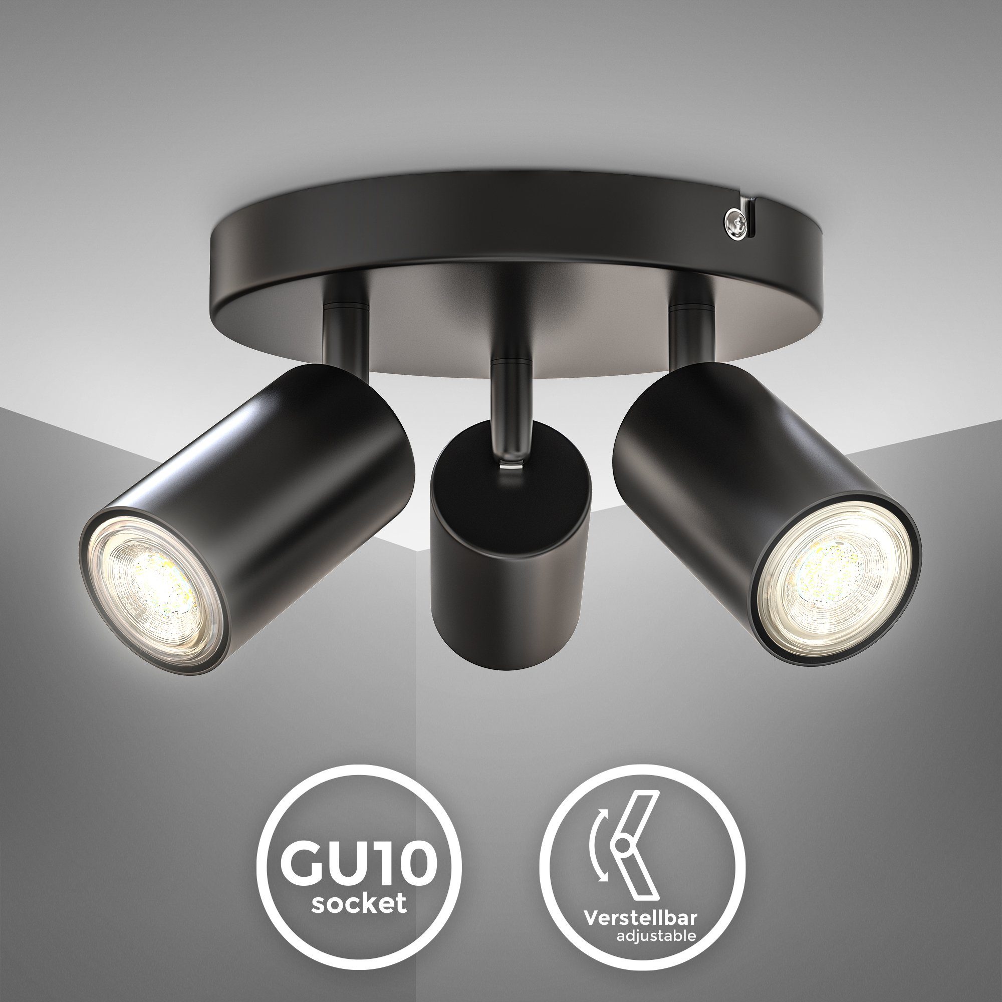 B.K.Licht Plafondspotje 3-vlamige spotlamp, rond, draaibaar, gu10, zwart