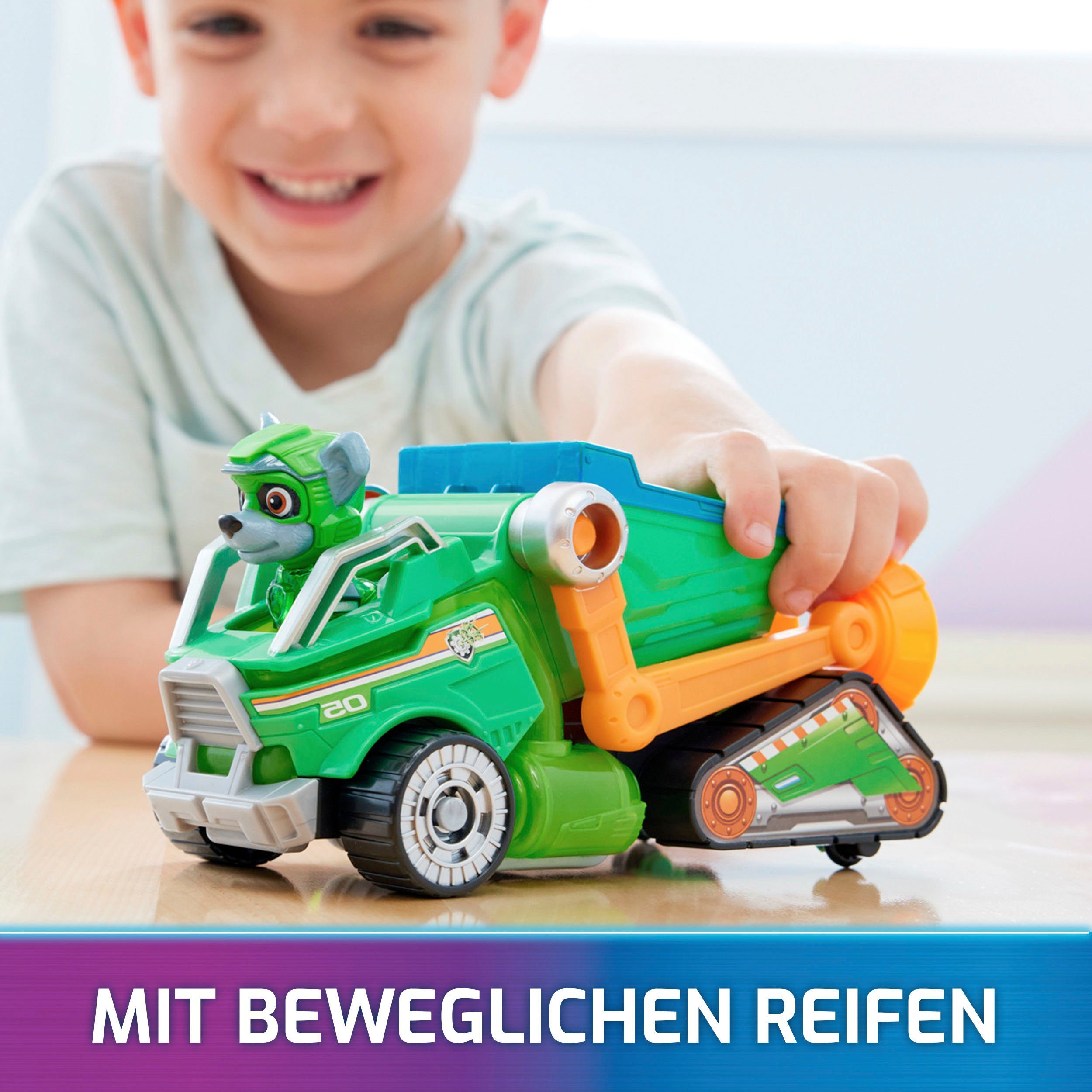 Spin Master Speelgoedauto Paw Patrol - Movie II - Basic Themed Vehicles Rocky Vuilnisauto met puppyfiguur, licht- en geluidseffect