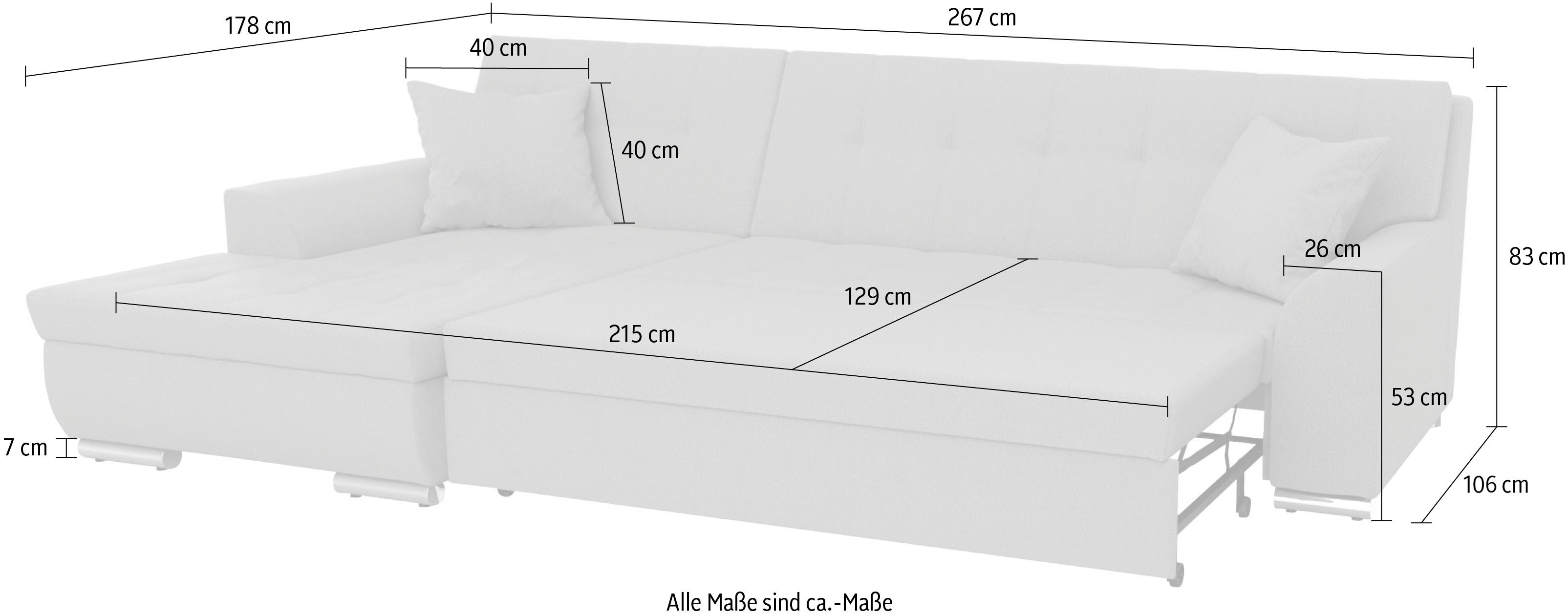 DOMO collection Hoekbank Treviso veel bekledingen, ook in cord, L-vorm, B/D/H: 267/80/83 cm optioneel met slaapbank functie, incl. sierkussens, hoogwaardig doorgestikt patroon