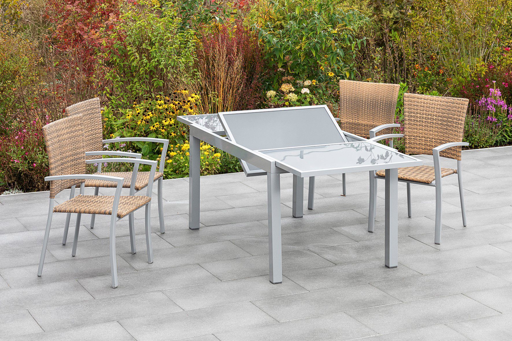 MERXX Tuin-eethoek Savona 4 stoelen met uittrekbare tafel (5-delig) tuinsets grijs