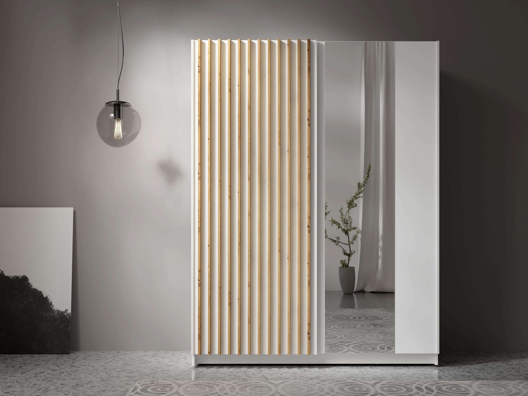 INOSIGN Kledingkast Camden met spiegel, 4 legplanken en kledingstang Garderobe met 2 schuifdeuren en lamellen, BxHxD 150,5x198,5x61,6 cm
