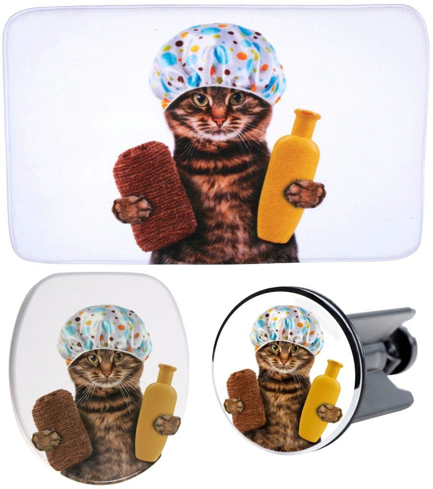 Sanilo Sets badkameraccessoires Shower Cat bestaand uit toiletzitting, badmat en wastafelplug (3-delig)