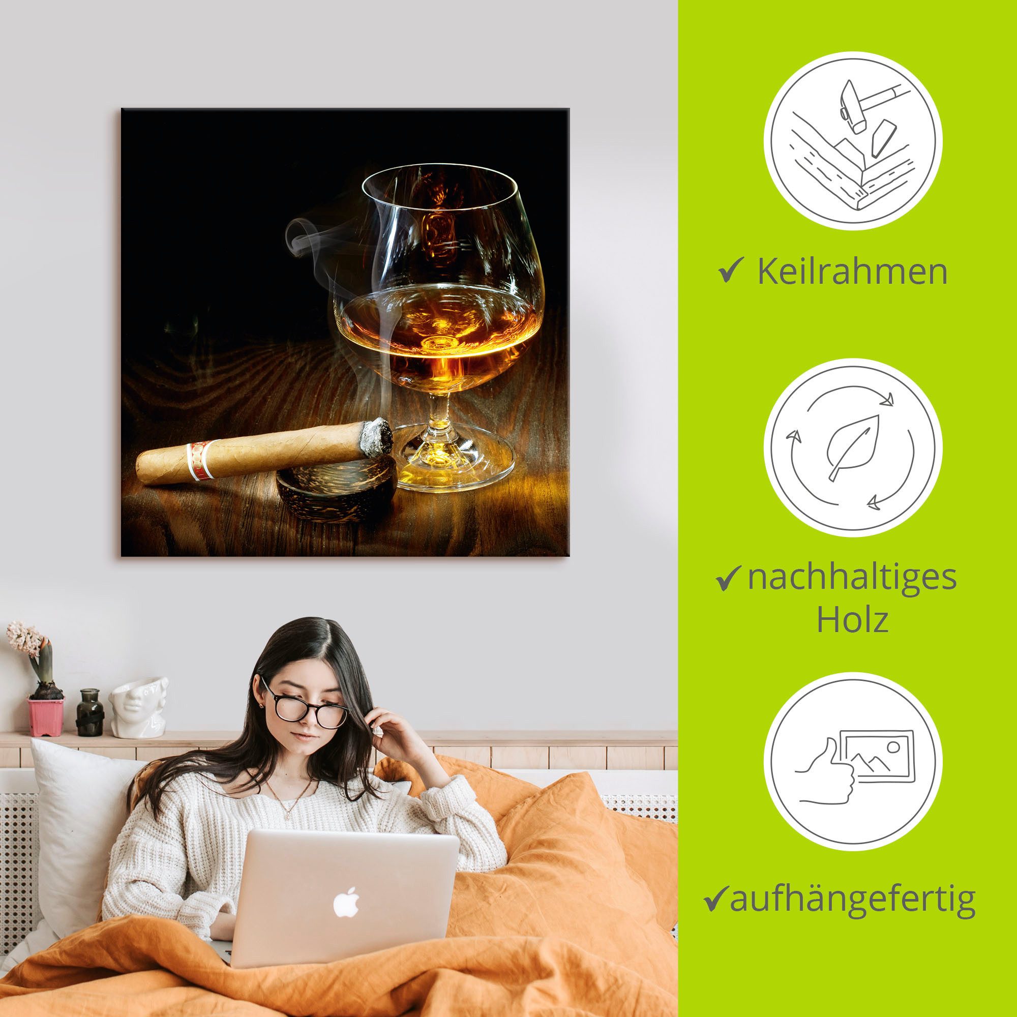 Artland Artprint Sigaar en cognac als artprint op linnen, poster in verschillende formaten maten