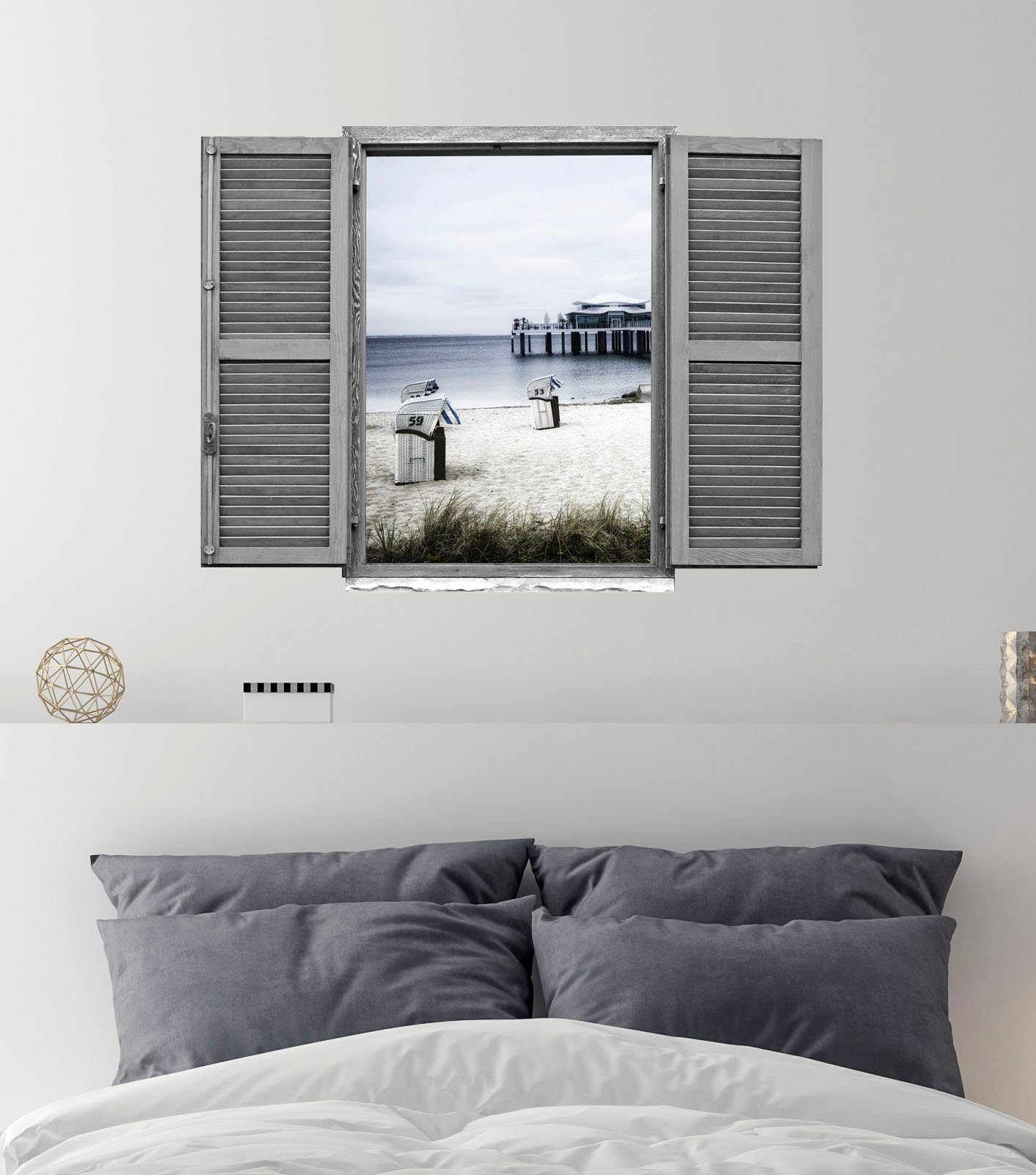 queence Wandfolie Strandstoelen aan de zee Muursticker, muurdecoratie, zelfklevend, 3D, raam (1 stuk)