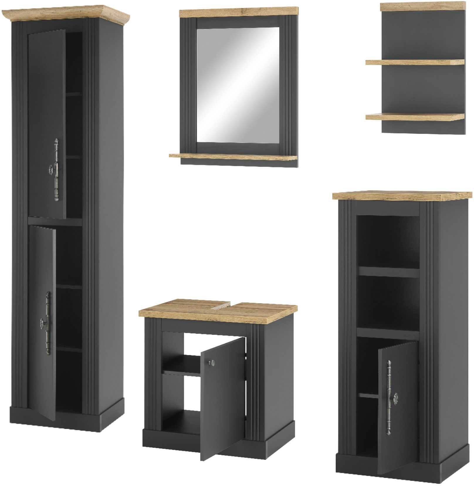 Home affaire Badkamerserie WESTMINSTER, badkamer in landhuisstijl, 5-delig badkamer Onderkast, spiegel, midikast, rek, hoge kast, breedte 200 cm (5-delig)