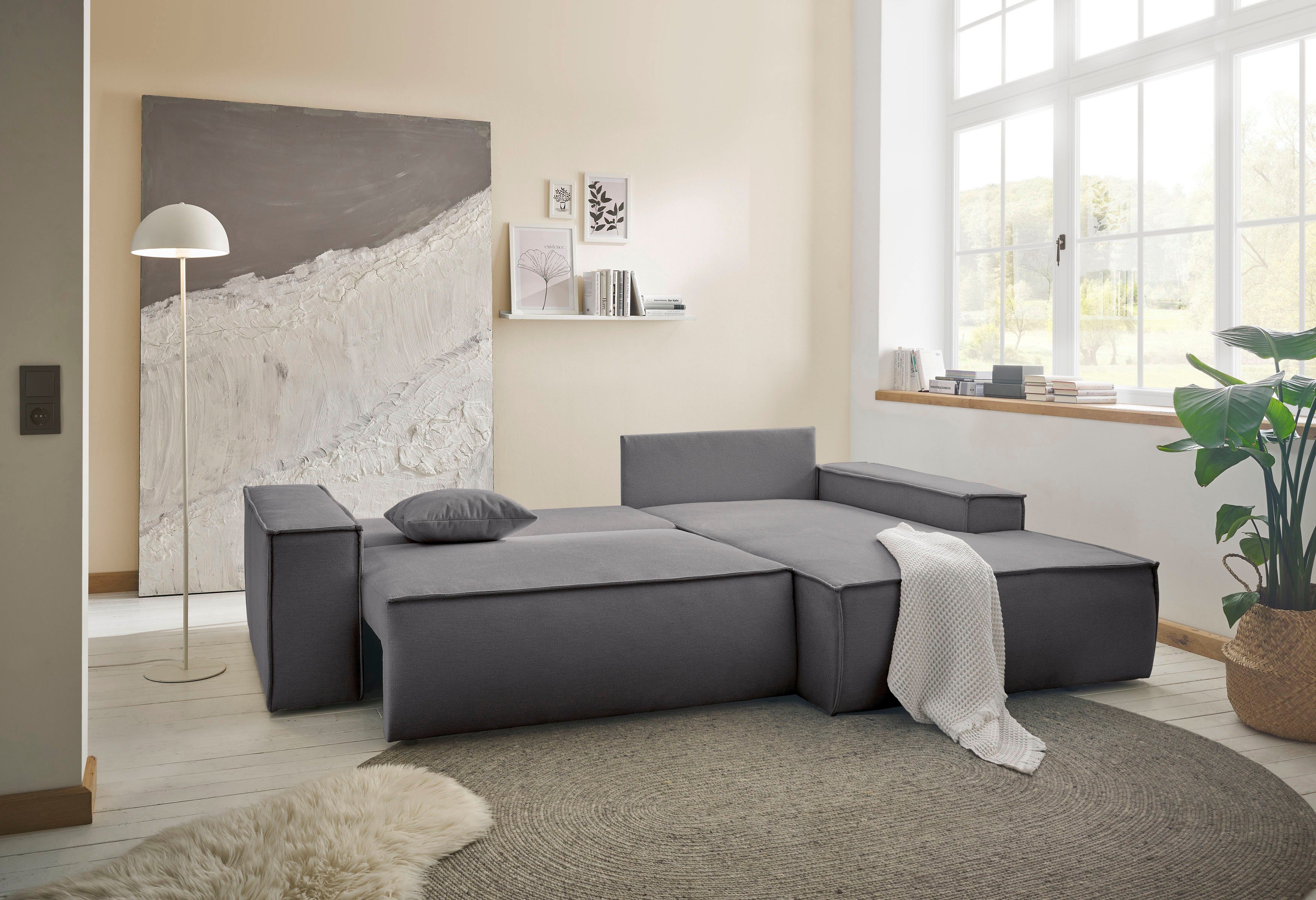andas Hoekbank Finnley slaapbank 267 cm in Bouclé, fijne structuur en cord, L-vorm