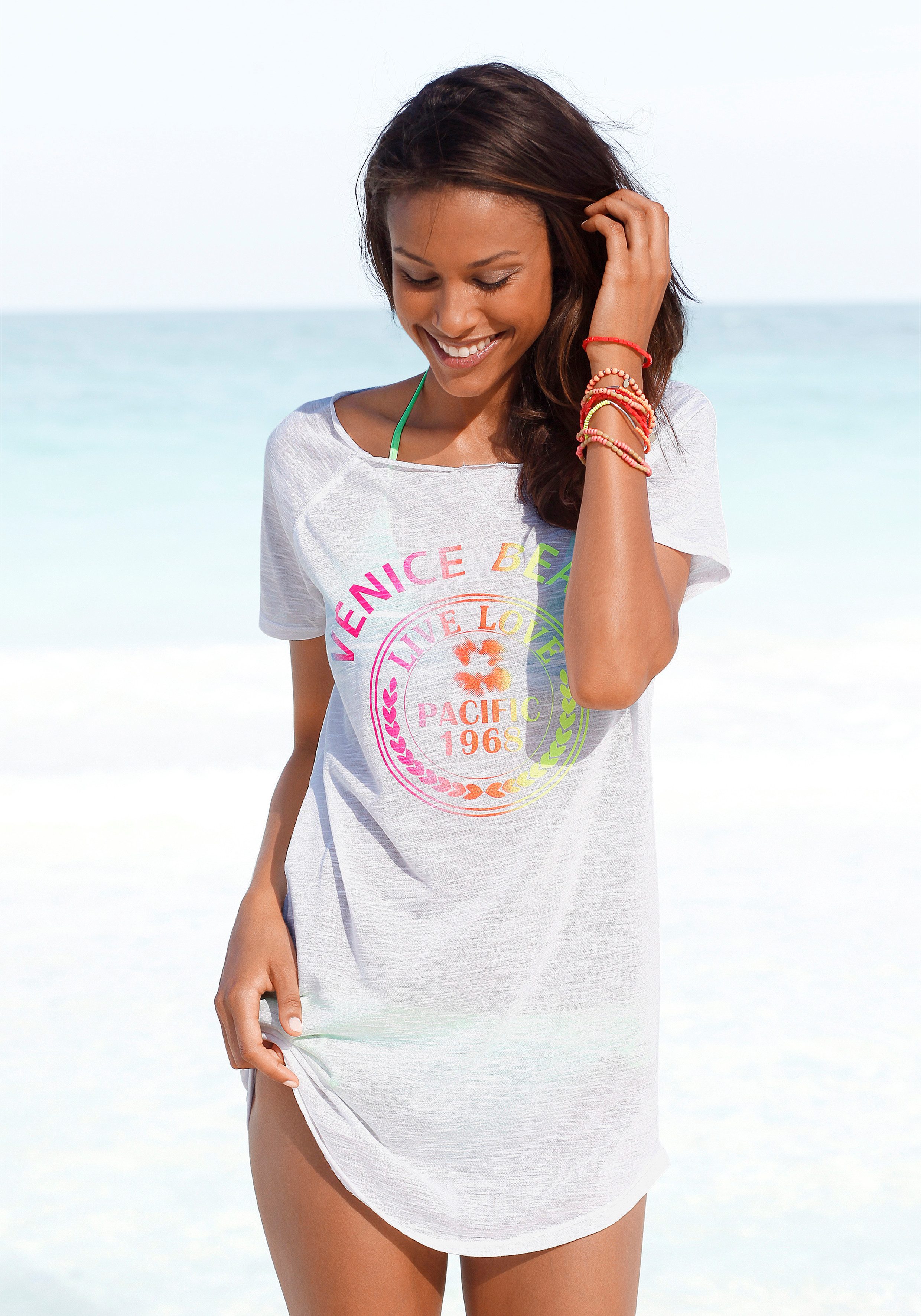 Venice Beach Lang shirt met print aan de voorkant, overhemdblouse, strandjurk, licht en luchtig