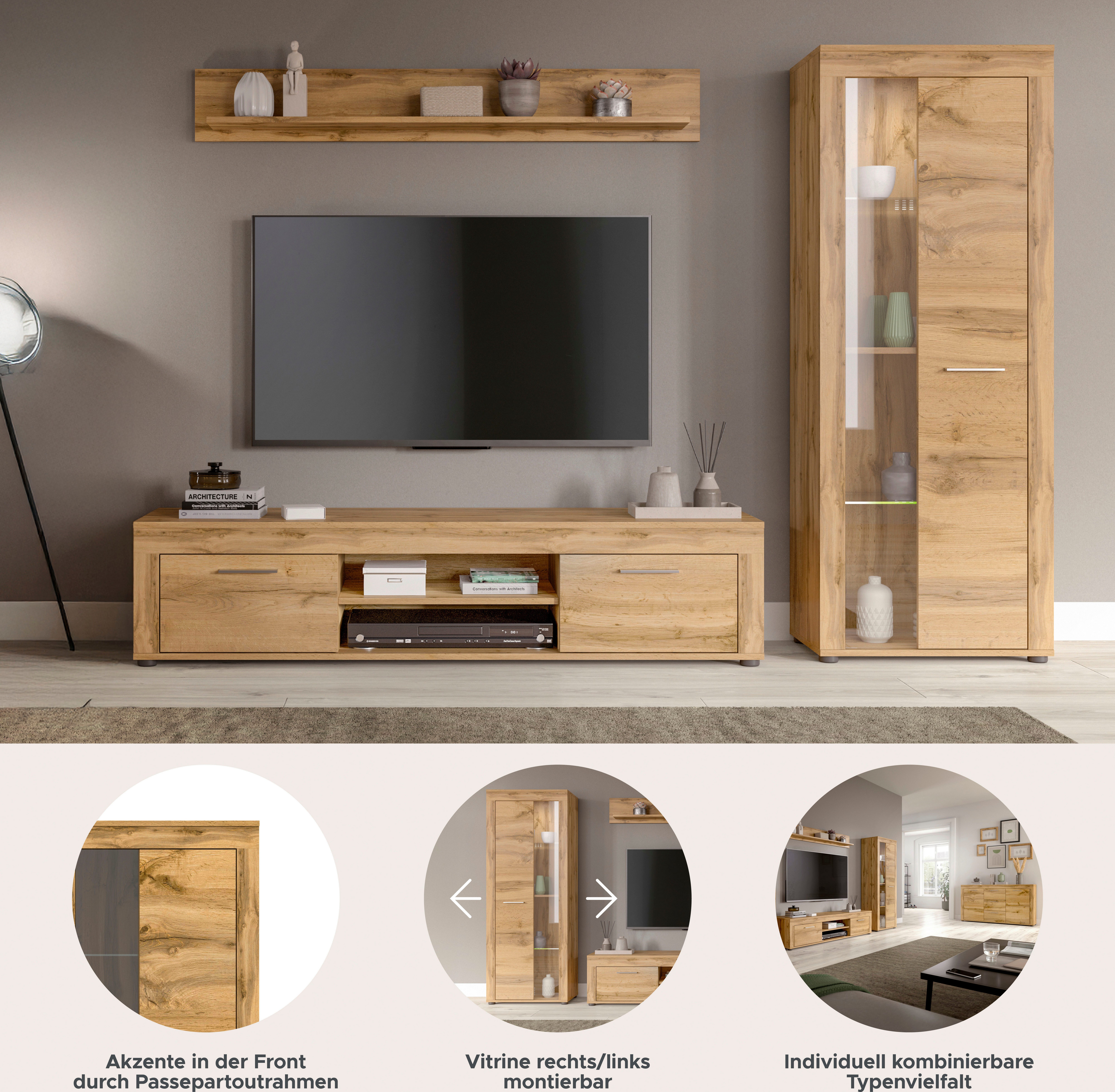 INOSIGN Wandmeubel Aosta, Breedte 235cm, bestaand uit Lowboard, Wandplank, Vitrine Woonwand, combinatie, opbouwwand, meubelset, kastwand, meubelcombi (3-delig)