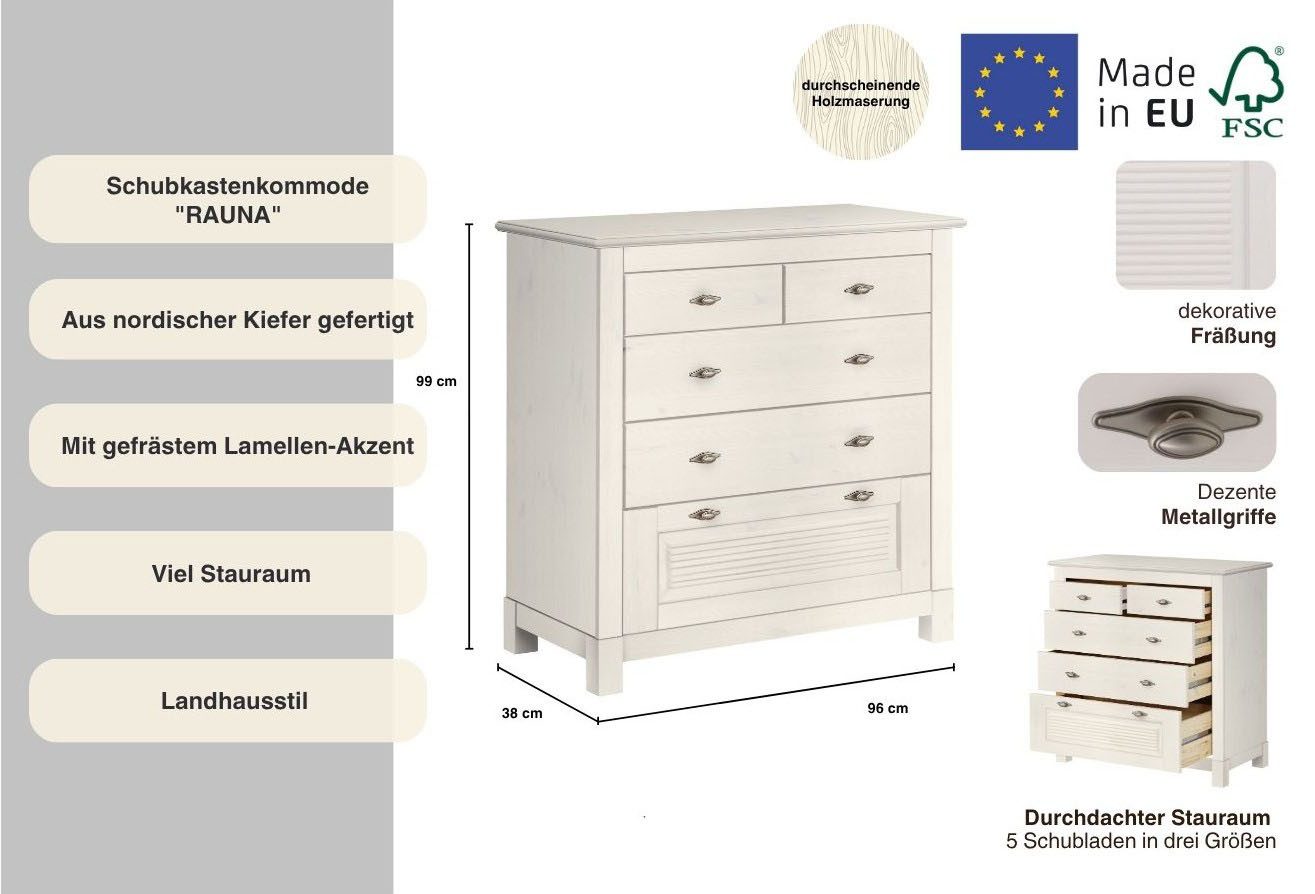 Home affaire Ladekast Rauna van massief grenen, met 5 laden, breedte 96 cm