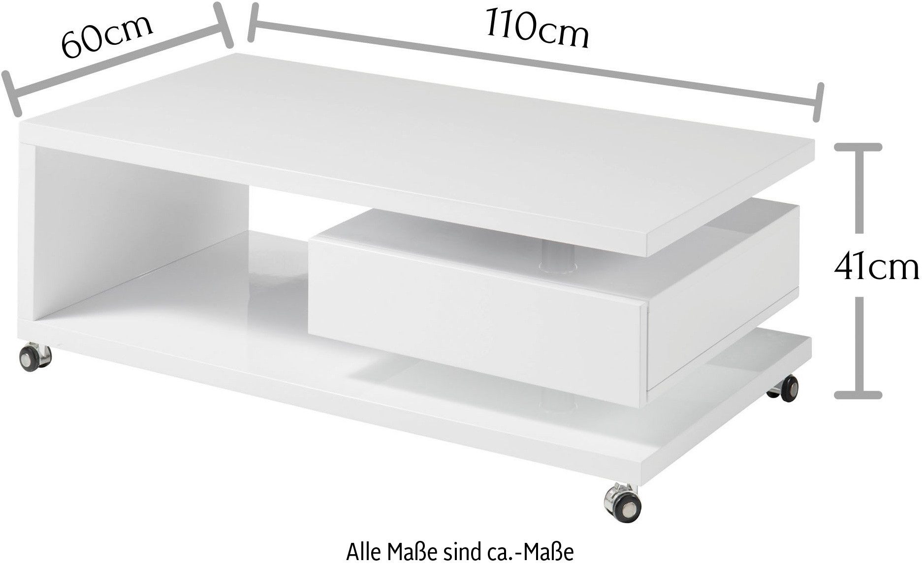 Stolkom Salontafel Milan, TOPSELLER! rollend, tafel in wit hoogglans