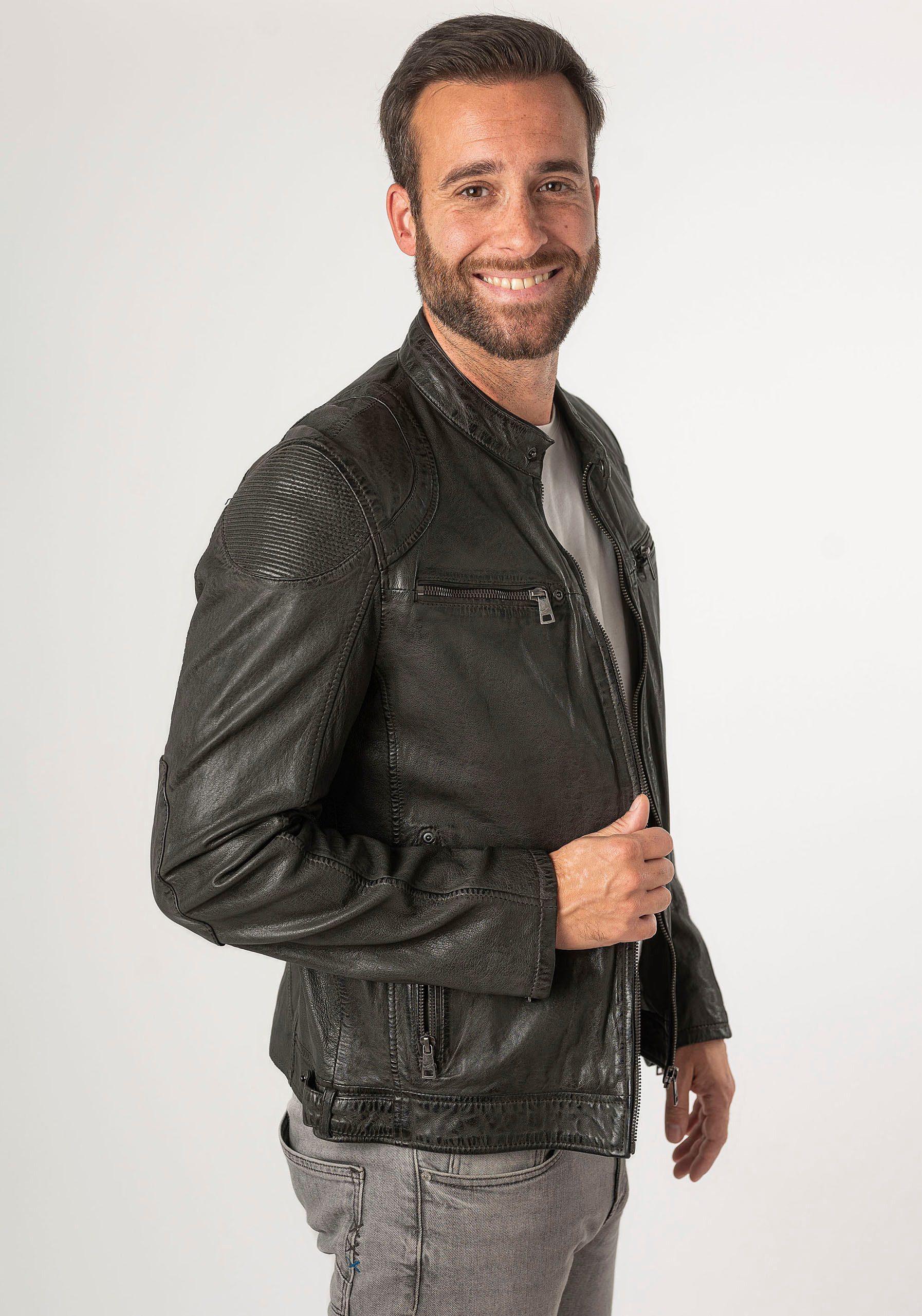 Mauritius Leren jack MMCollins met rits, staande kraag, sierstepping
