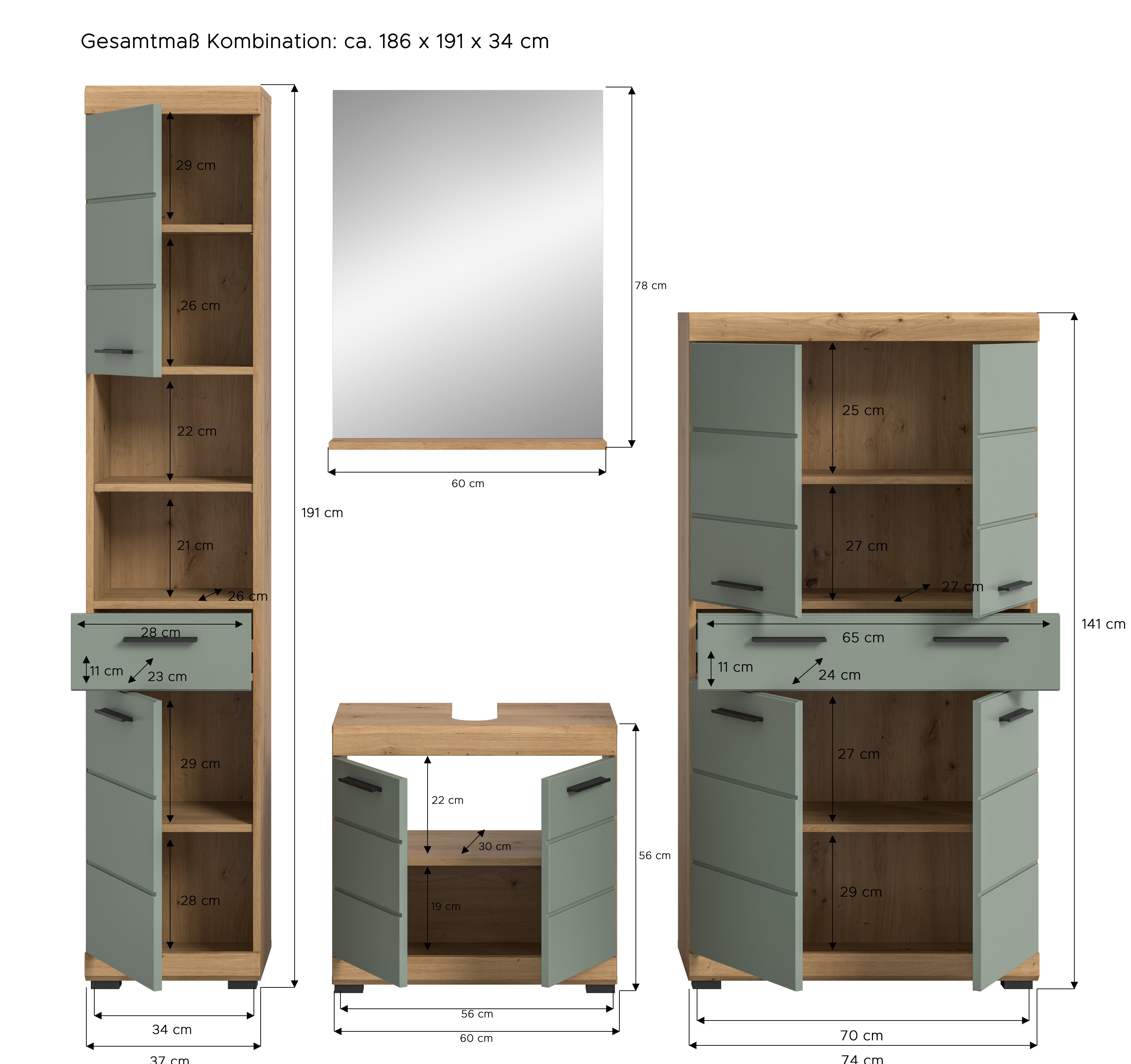 INOSIGN Badkamerserie Siena, 4-delig, bestaande uit: Hoge kast, wastafelonderkast, badkamer spiegel, middenkast (set, 4-delig)