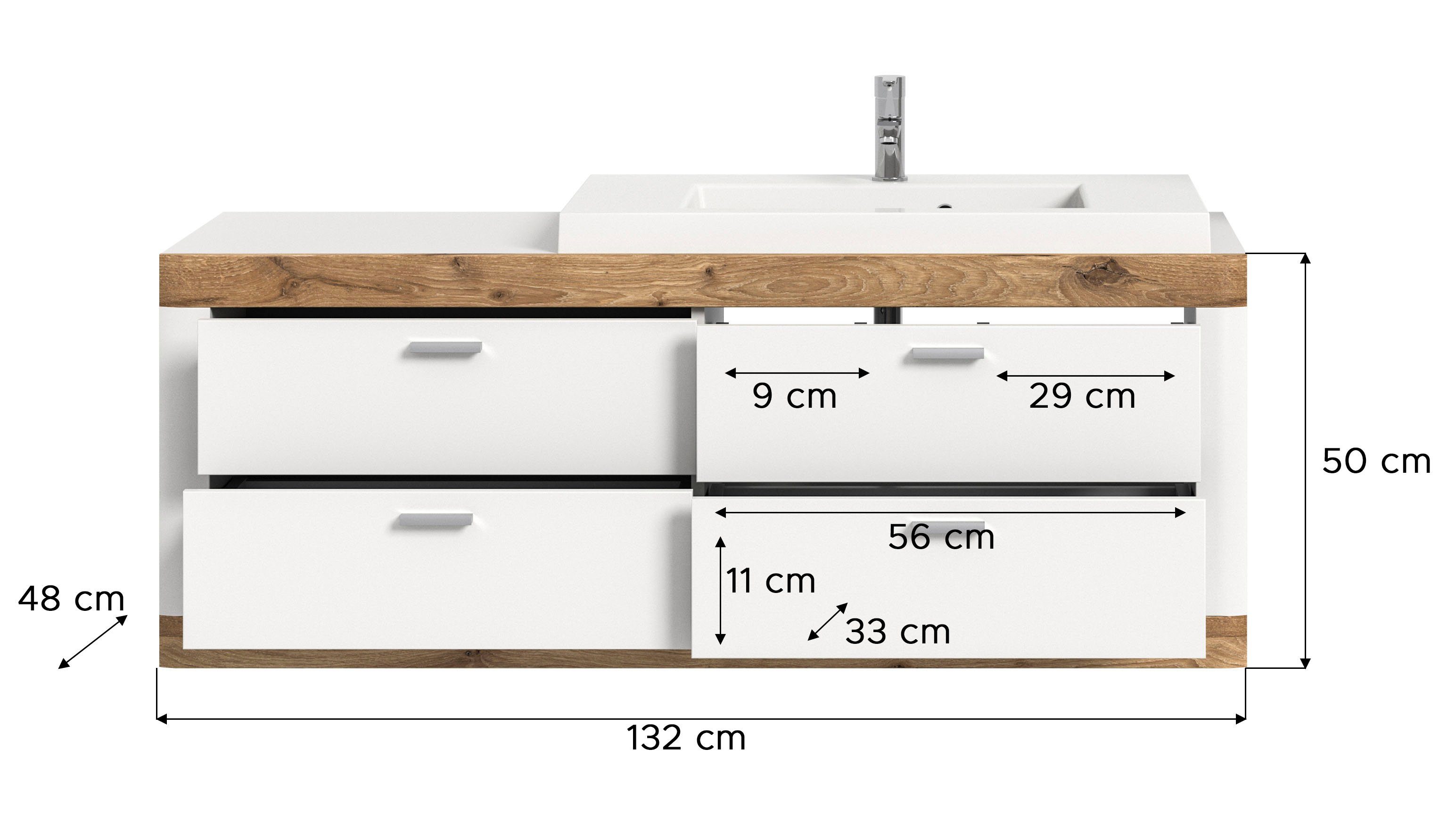 Home affaire Wastafelonderkast Landsby, breedte 133 cm, incl. mineralen gietwasbak, 4 lades (2-delig)