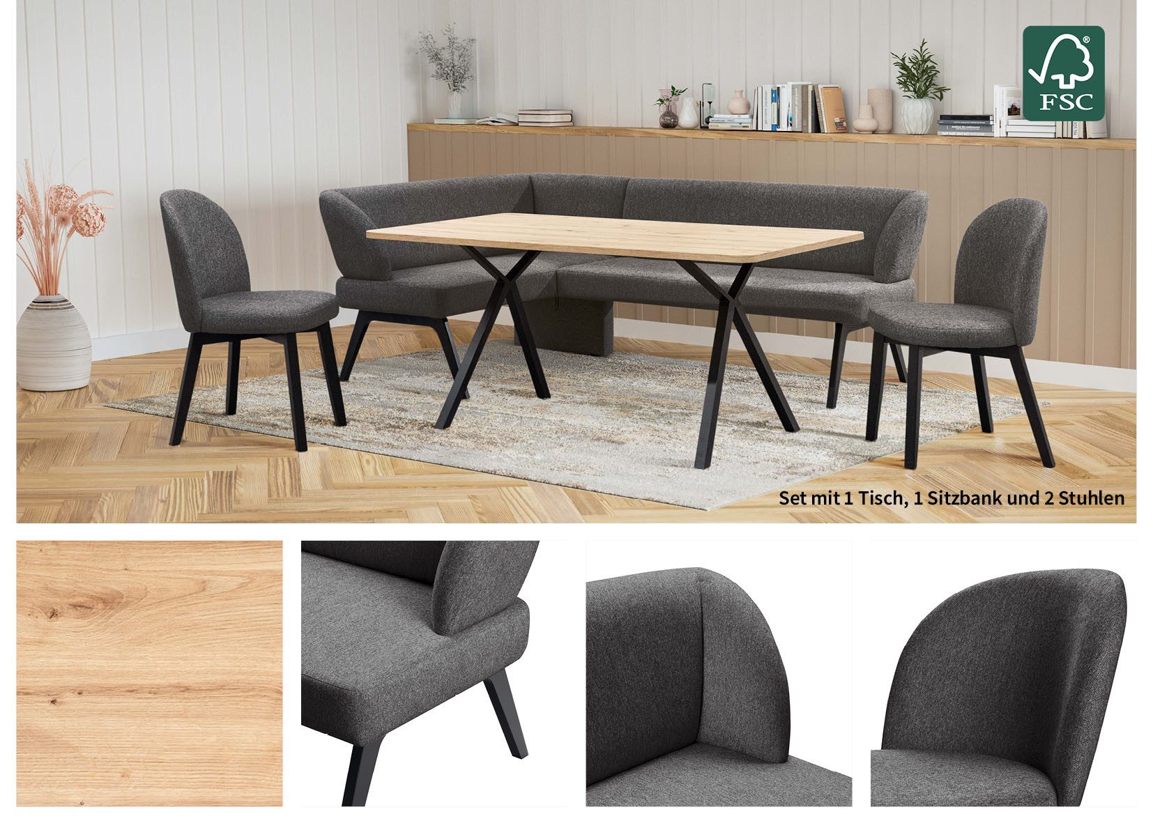 Home affaire Eethoek Aretha eetkamerset, zitgroep, hoekbank, keukenbank Eetkamer zitgroep, tafel, stoelen en bank gestoffeerd, Nosag-vering (4-delig)