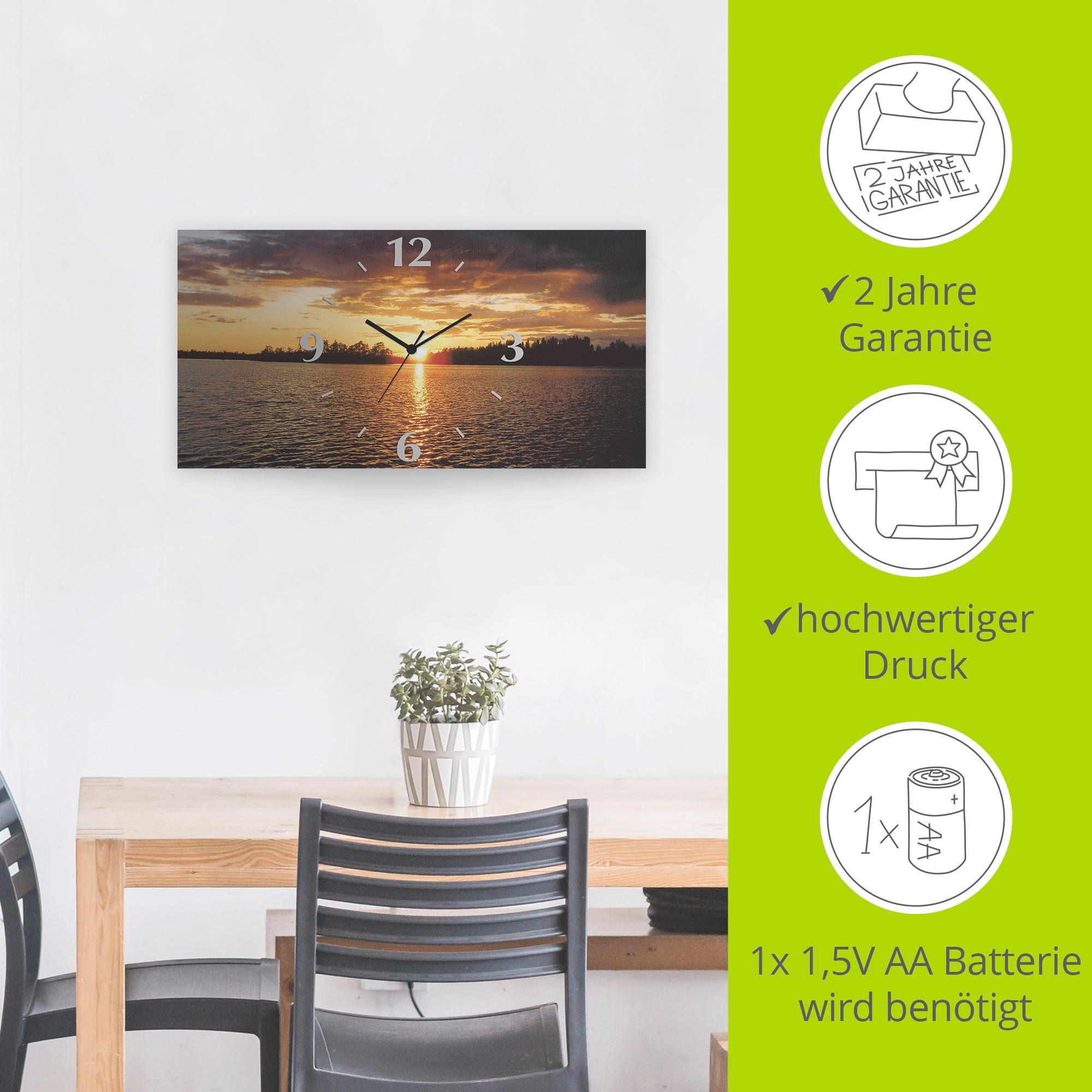 Artland Wandklok Zonsondergang aan het meer 3d-look geschulpt, met kwarts- of radiografisch uurwerk, verschillende maten