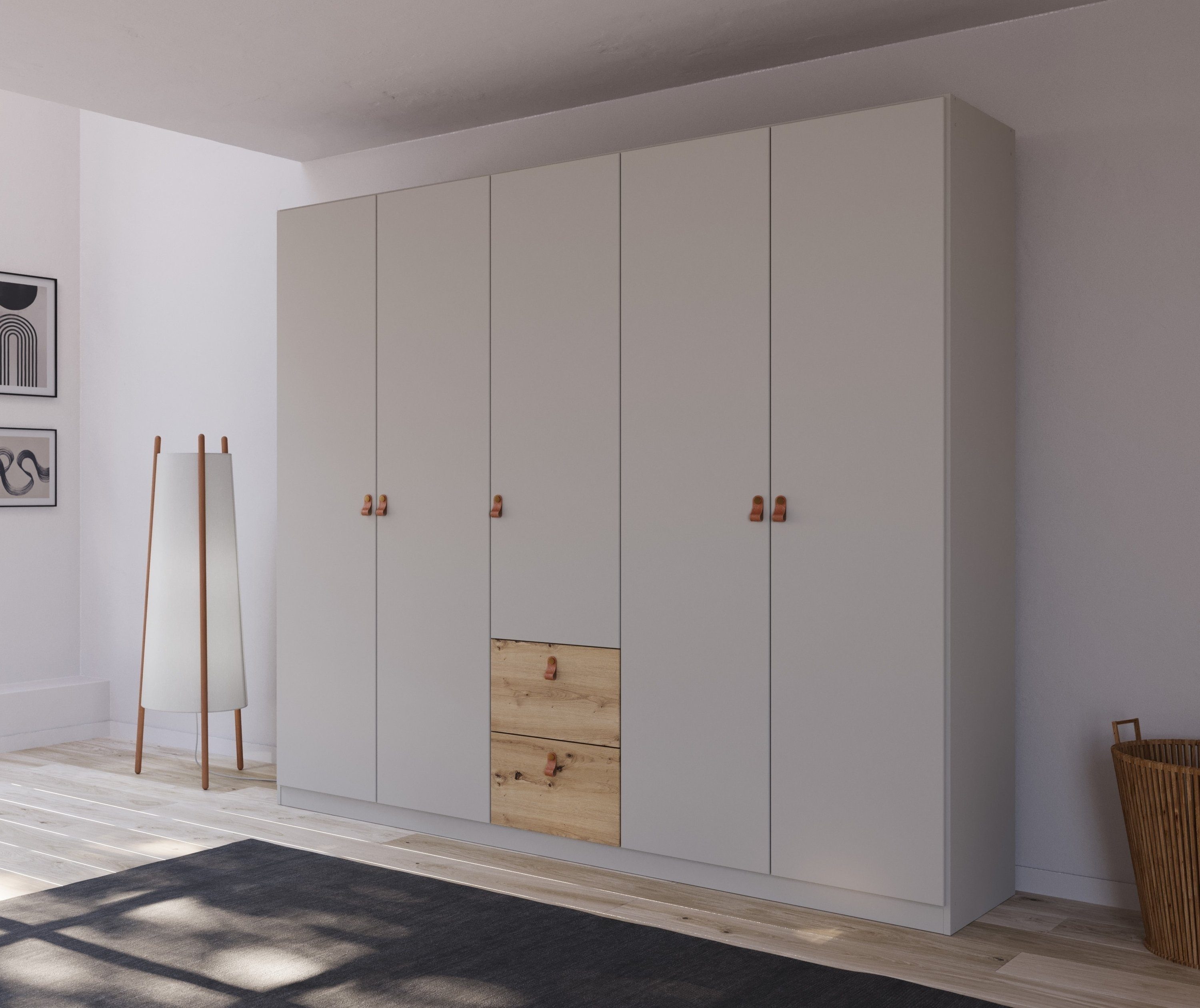 rauch Draaideurkast Homey by Quadra Spin met cognacbruine leren greeplussen, laden in eiken-decor