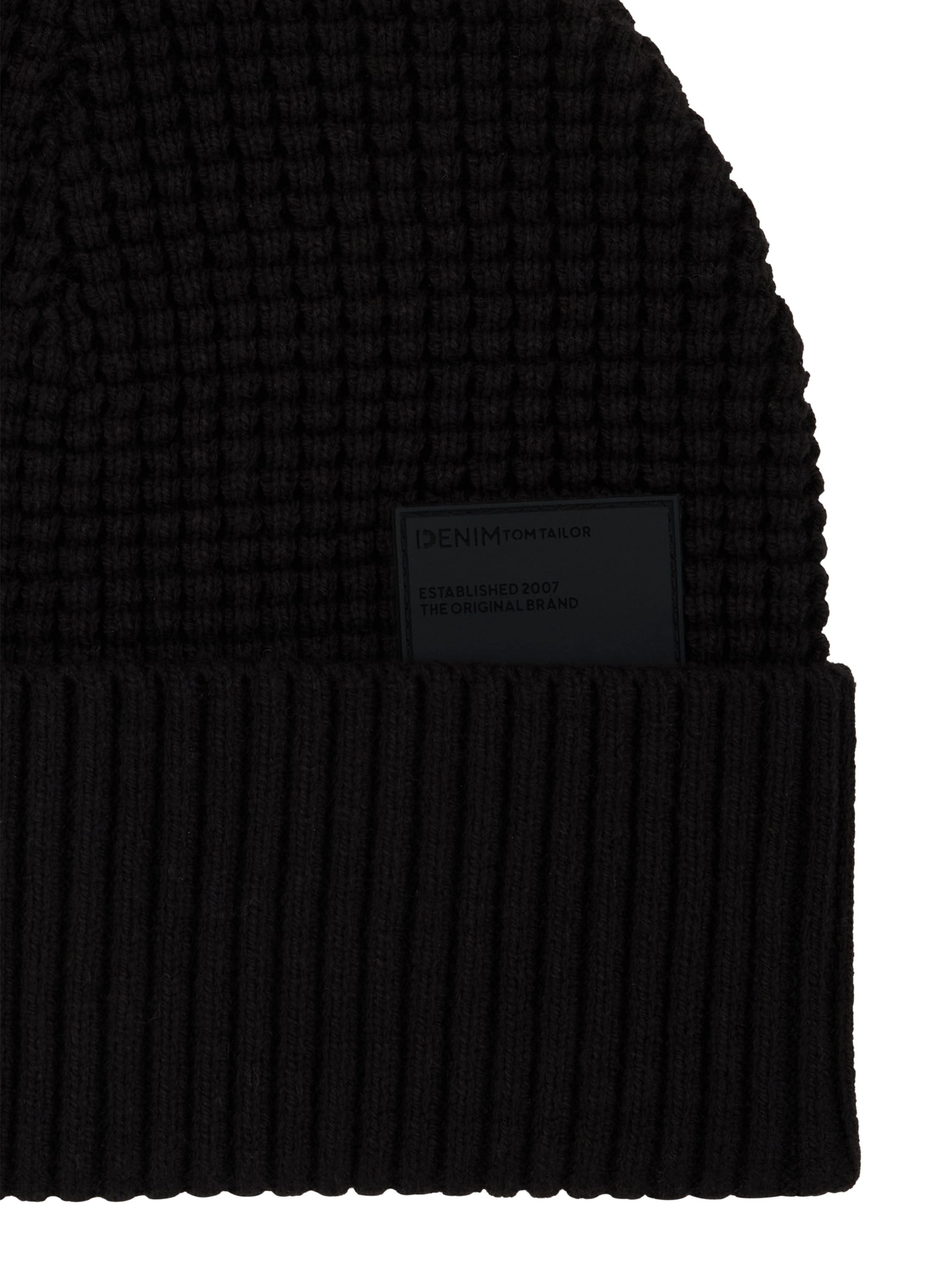 Tom Tailor Denim Beanie met breistructuur en logo-badge